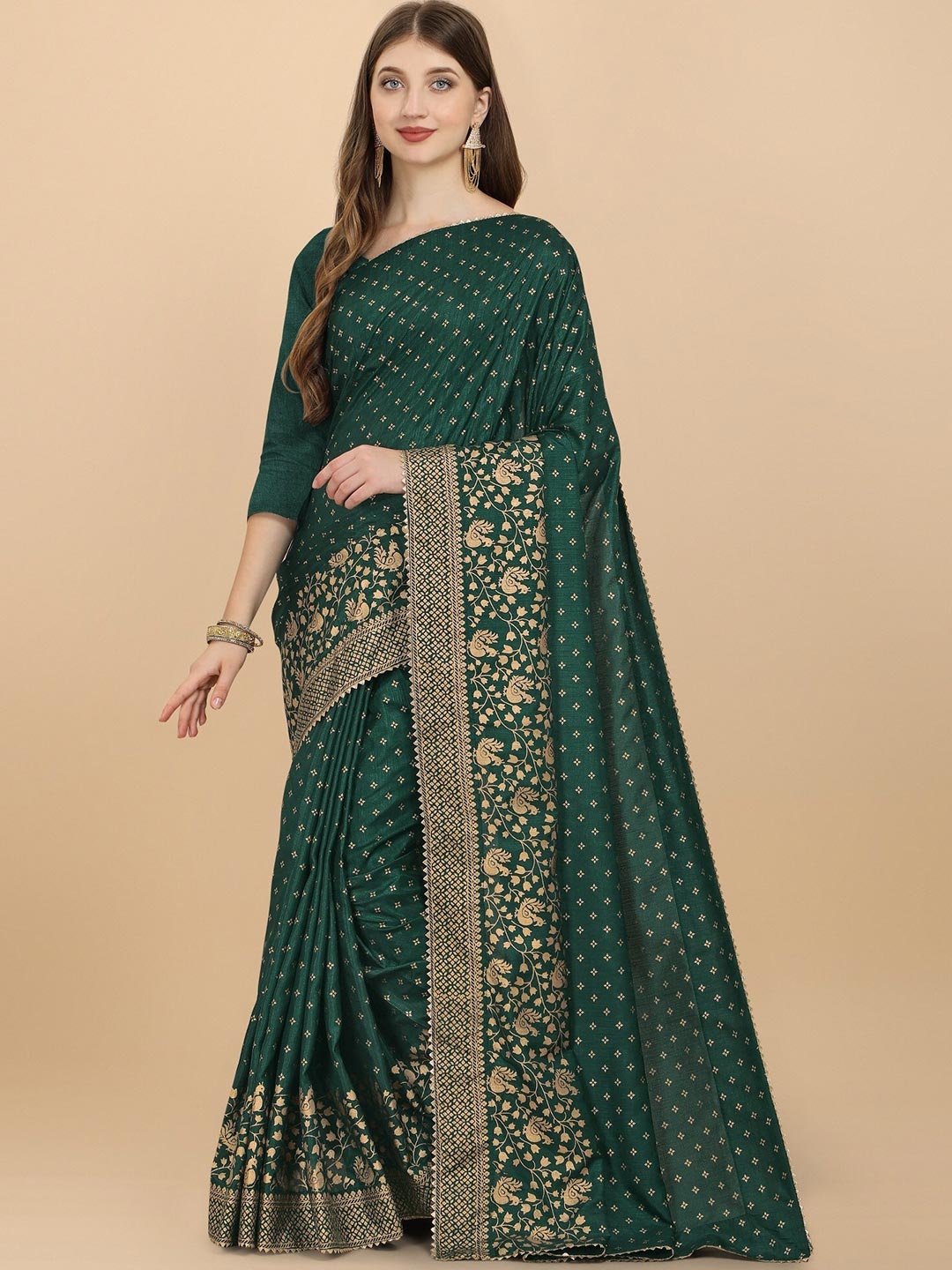

ORUS Fluorescent Green Woven Design Zari Silk Cotton Half and Half Banarasi Saree