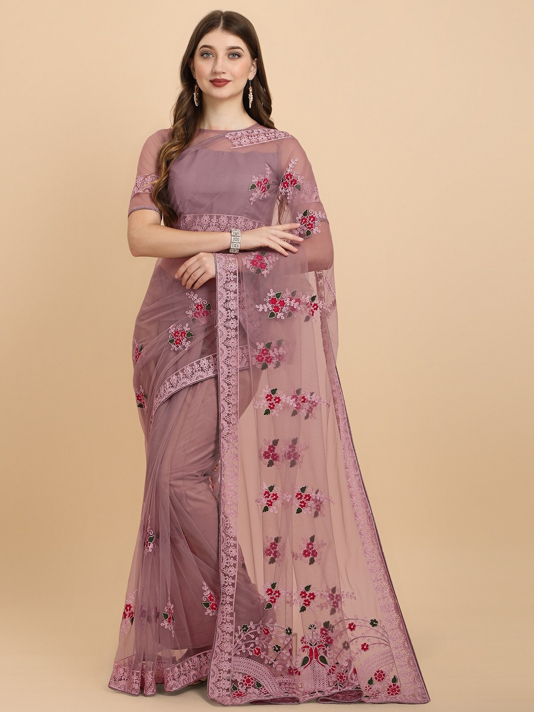 

ORUS Rose & Red Floral Embroidered Net Heavy Work Saree