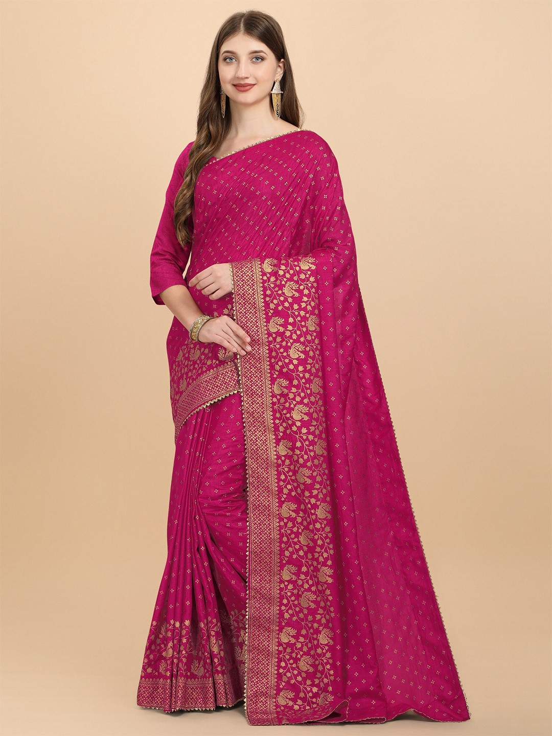 

ORUS Pink & Gold-Toned Woven Design Zari Silk Cotton Half and Half Banarasi Saree