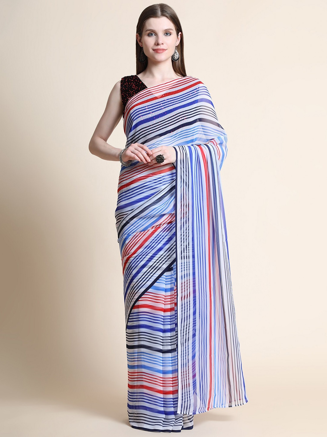 

ORUS Blue & Red Striped Pure Georgette Saree