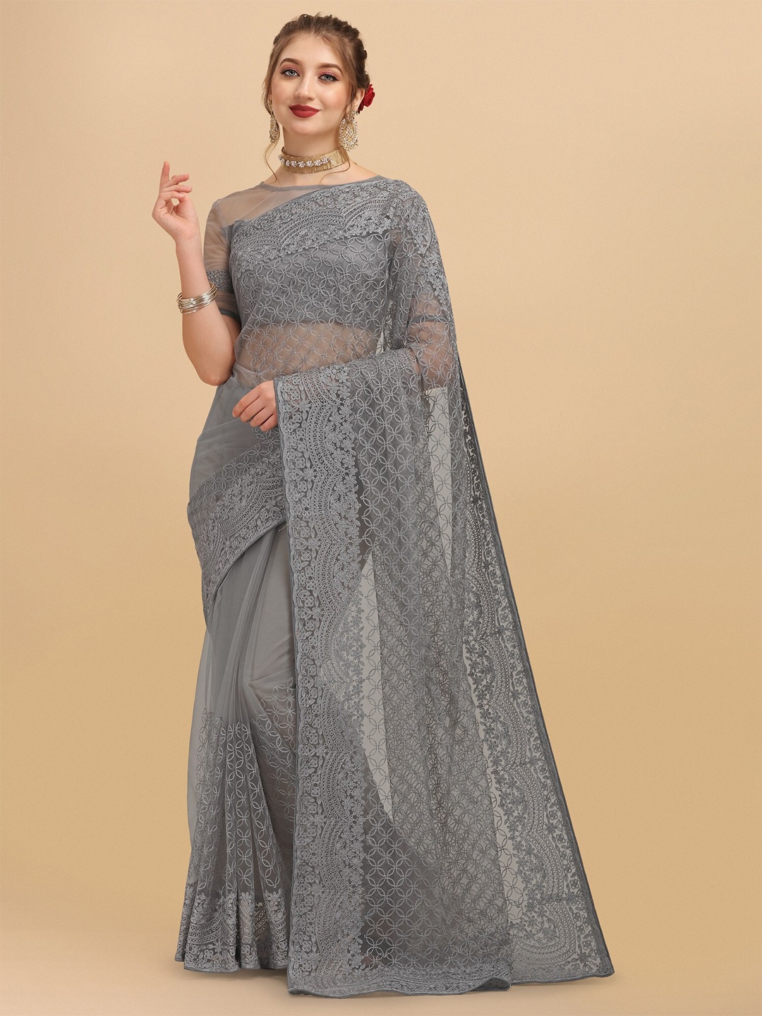 

ORUS Grey Floral Embroidered Net Saree