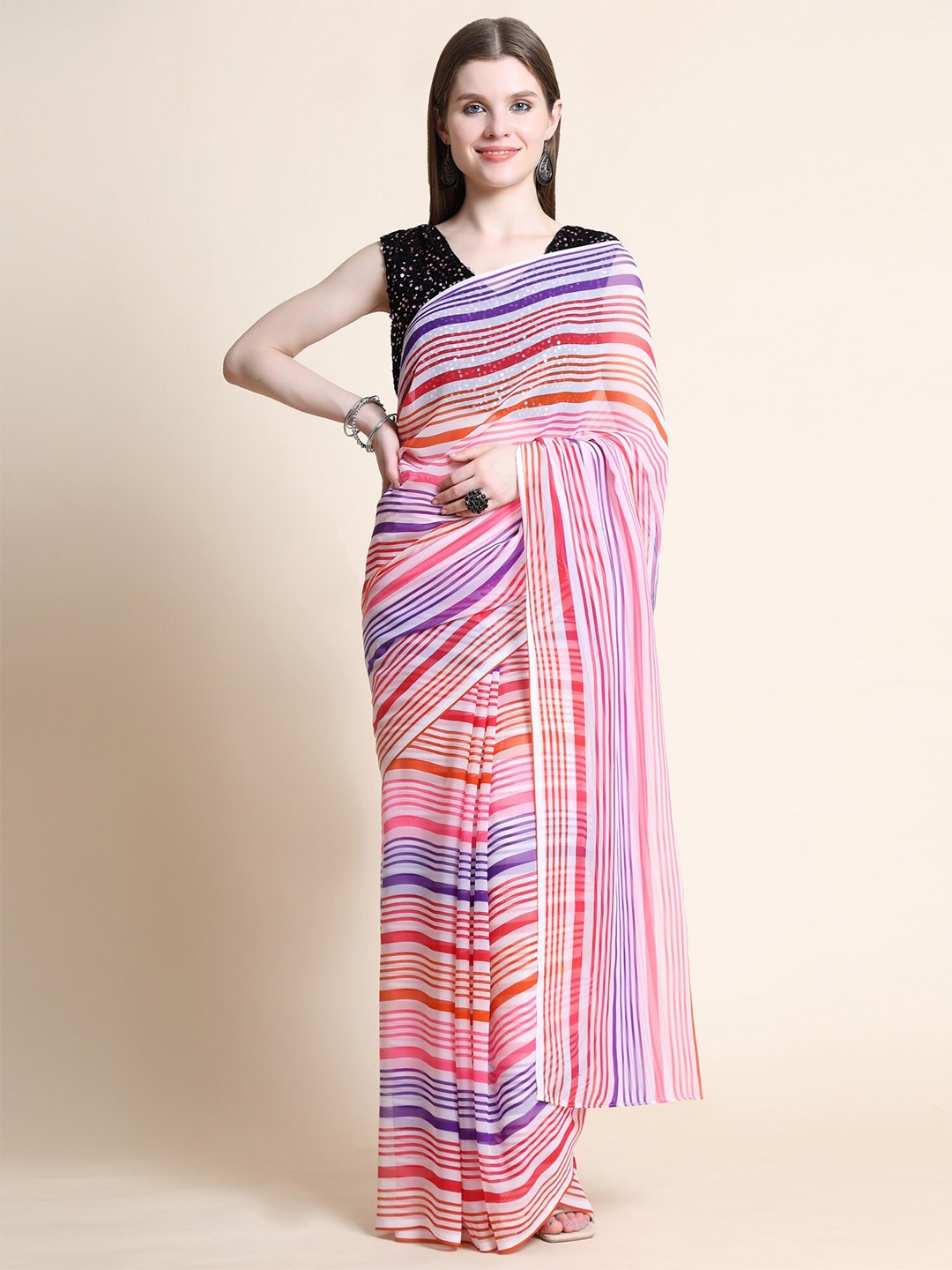 

ORUS Pink & Blue Striped Pure Georgette Saree