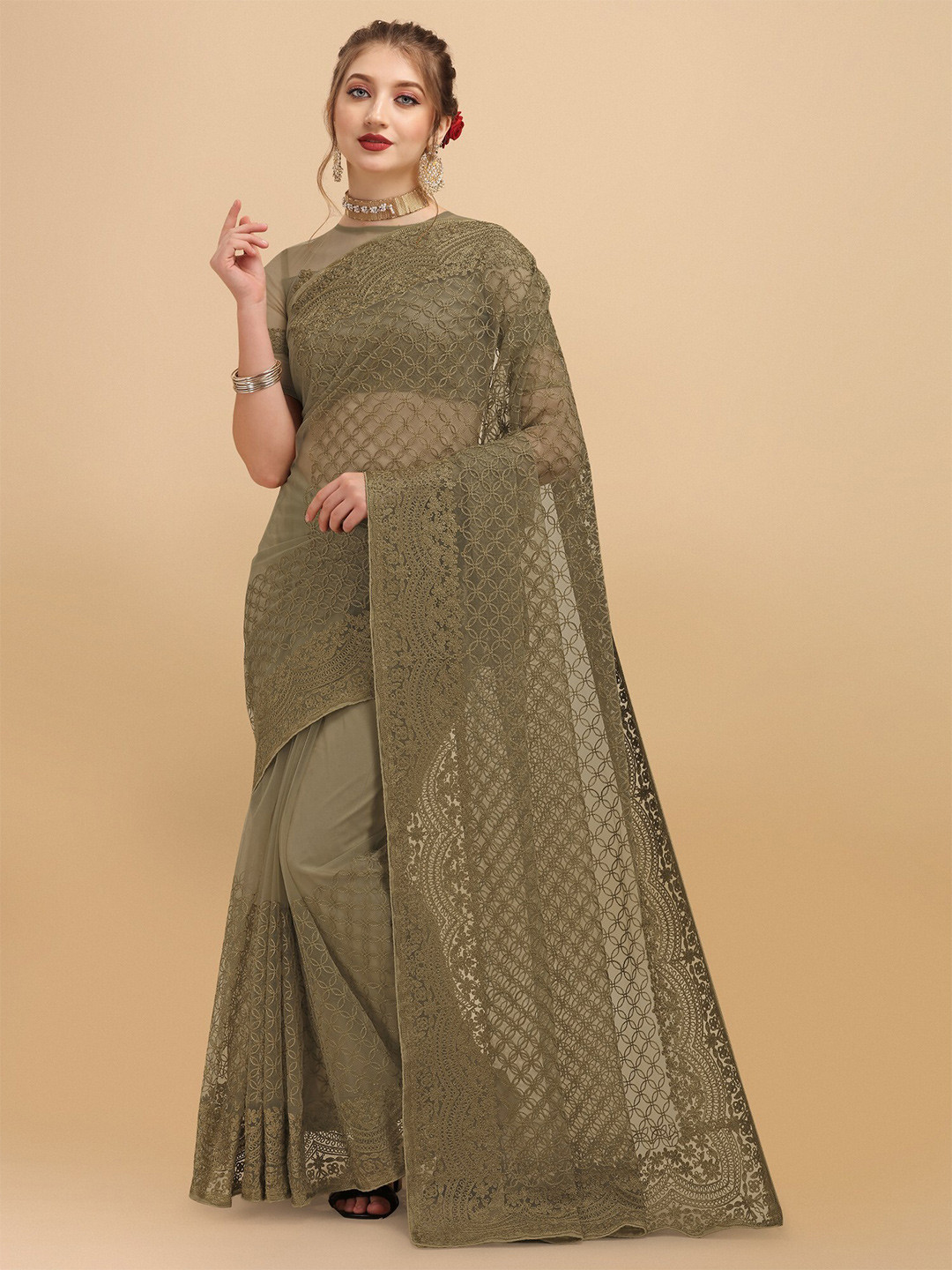 

ORUS Camel Brown Floral Embroidered Net Half and Half Saree