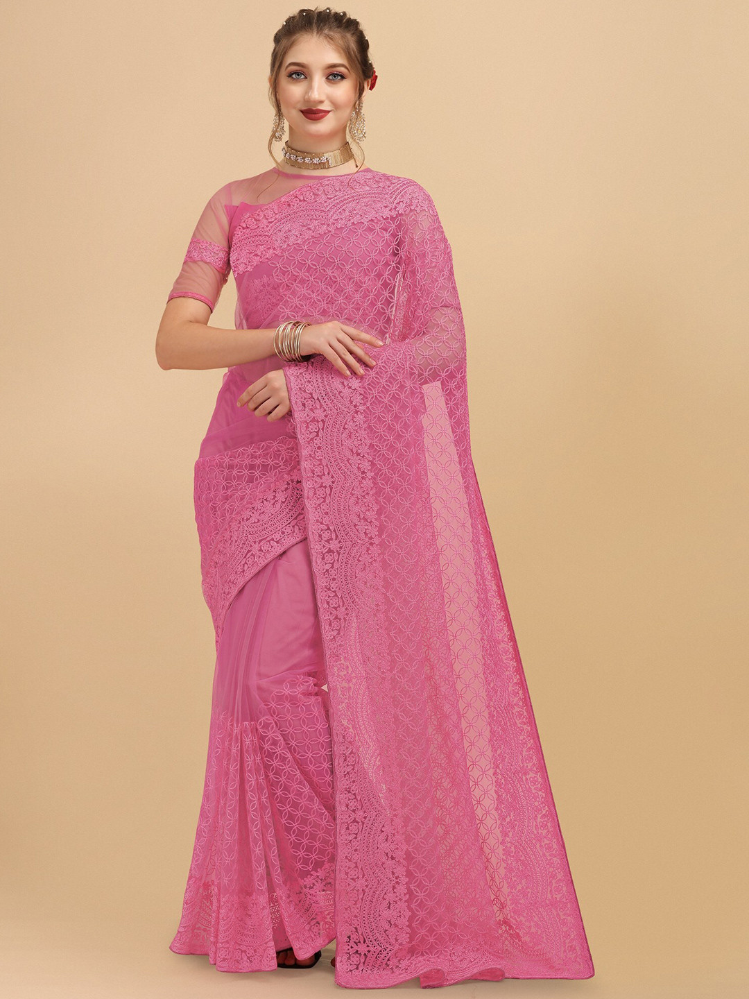 

ORUS Pink Floral Embroidered Net Half and Half Saree