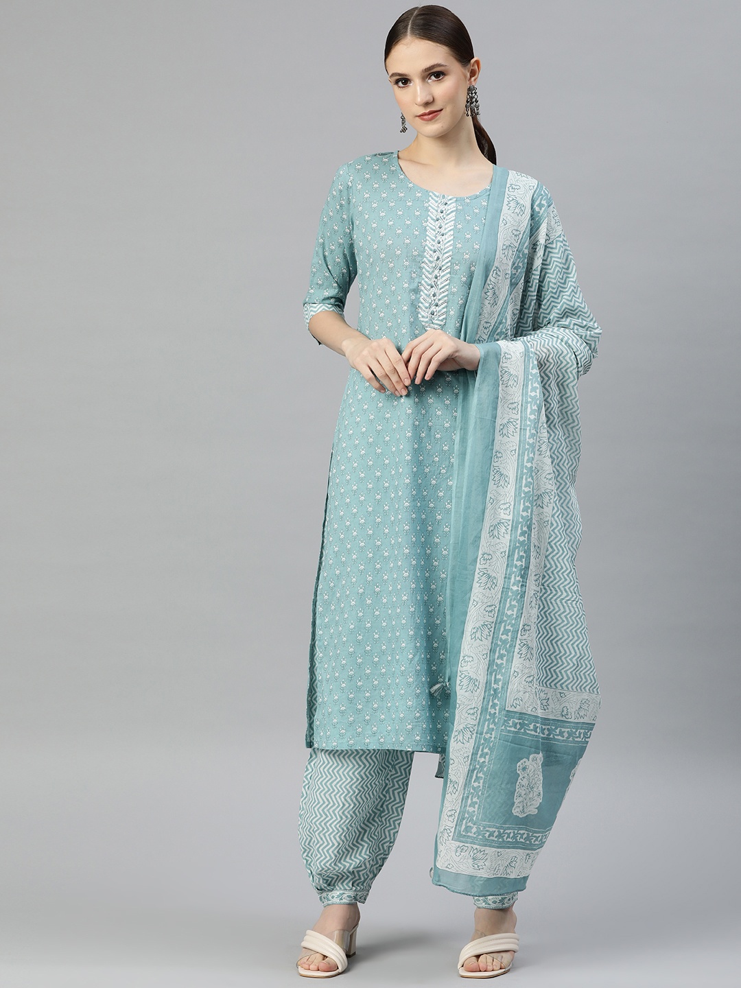 Readiprint Fashions Women Green Ethnic Motifs Printed Pure Cotton Kurta with Salwar & With Dupatta