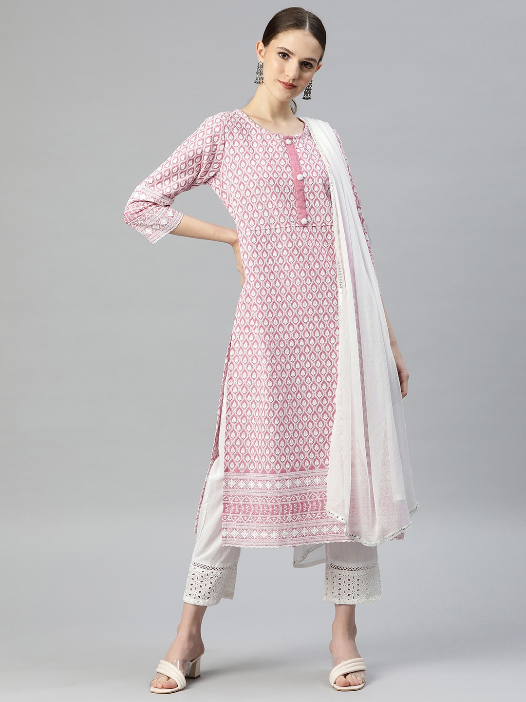 

Readiprint Fashions Women Pink Ethnic Motifs Embroidered Kurta with Trousers & With Dupatta