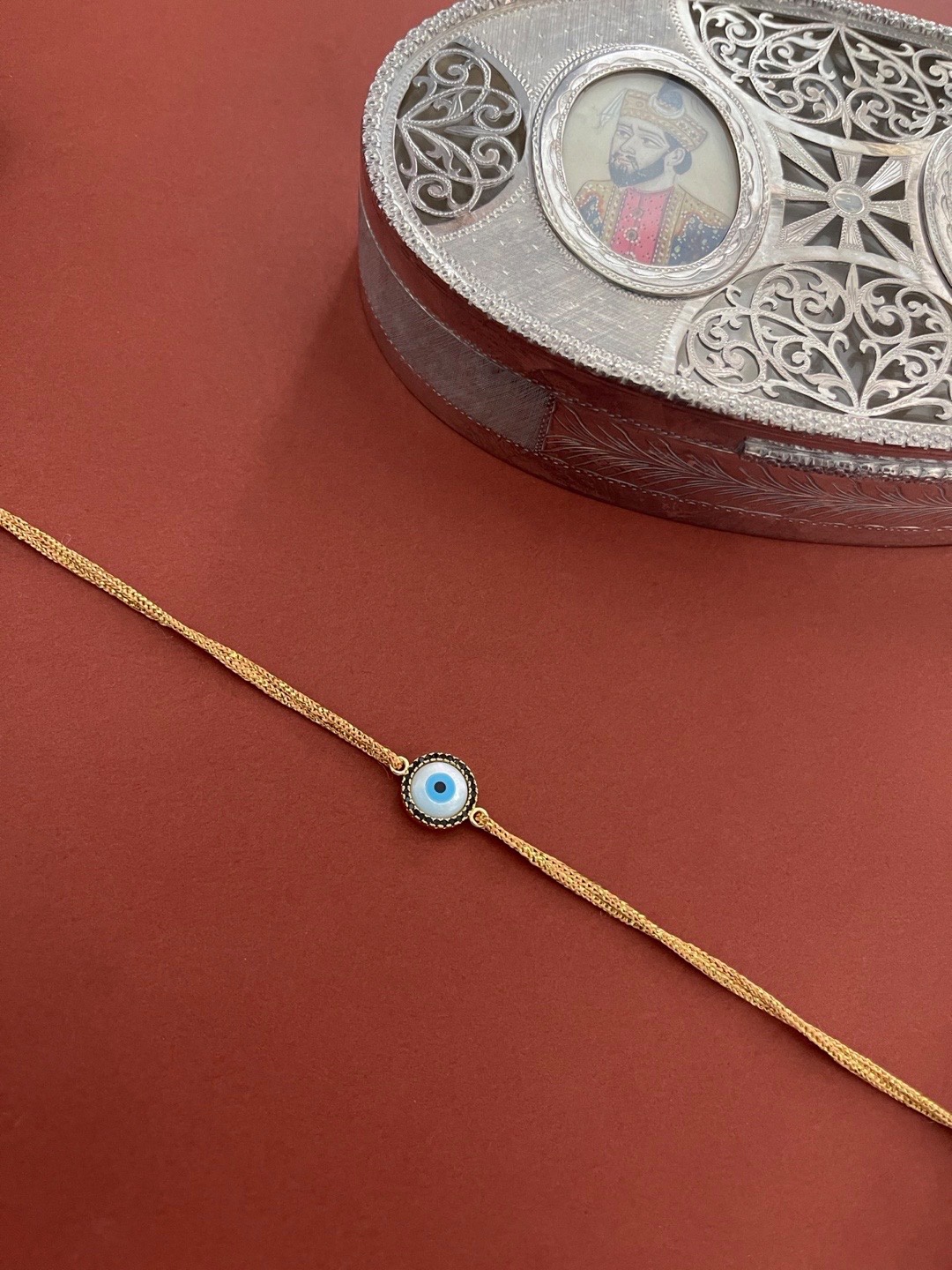 

Digital Dress Room Men Golden & Blue Evil Eye Beaded Rakhi, Gold
