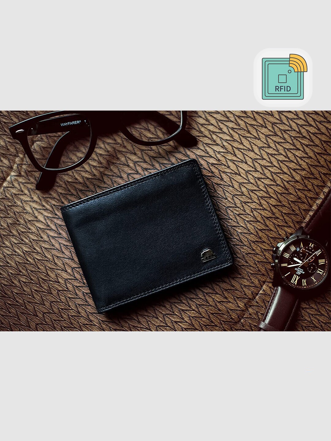 

BROWN BEAR Men Black & Silver-Toned Leather Two Fold Wallet