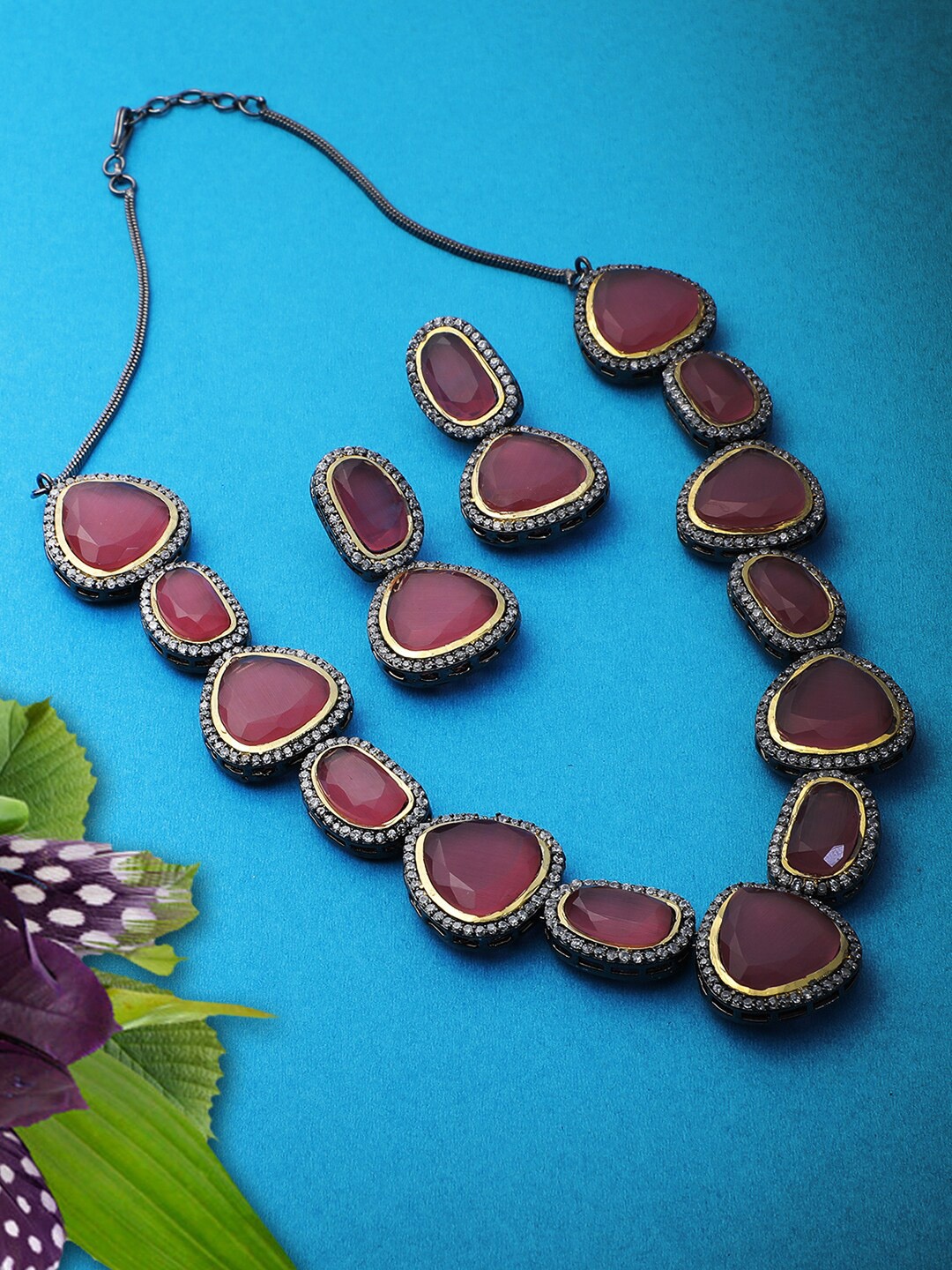 

Adwitiya Collection Gold-Plated Pink & White Stone-Studded Jewellery Set