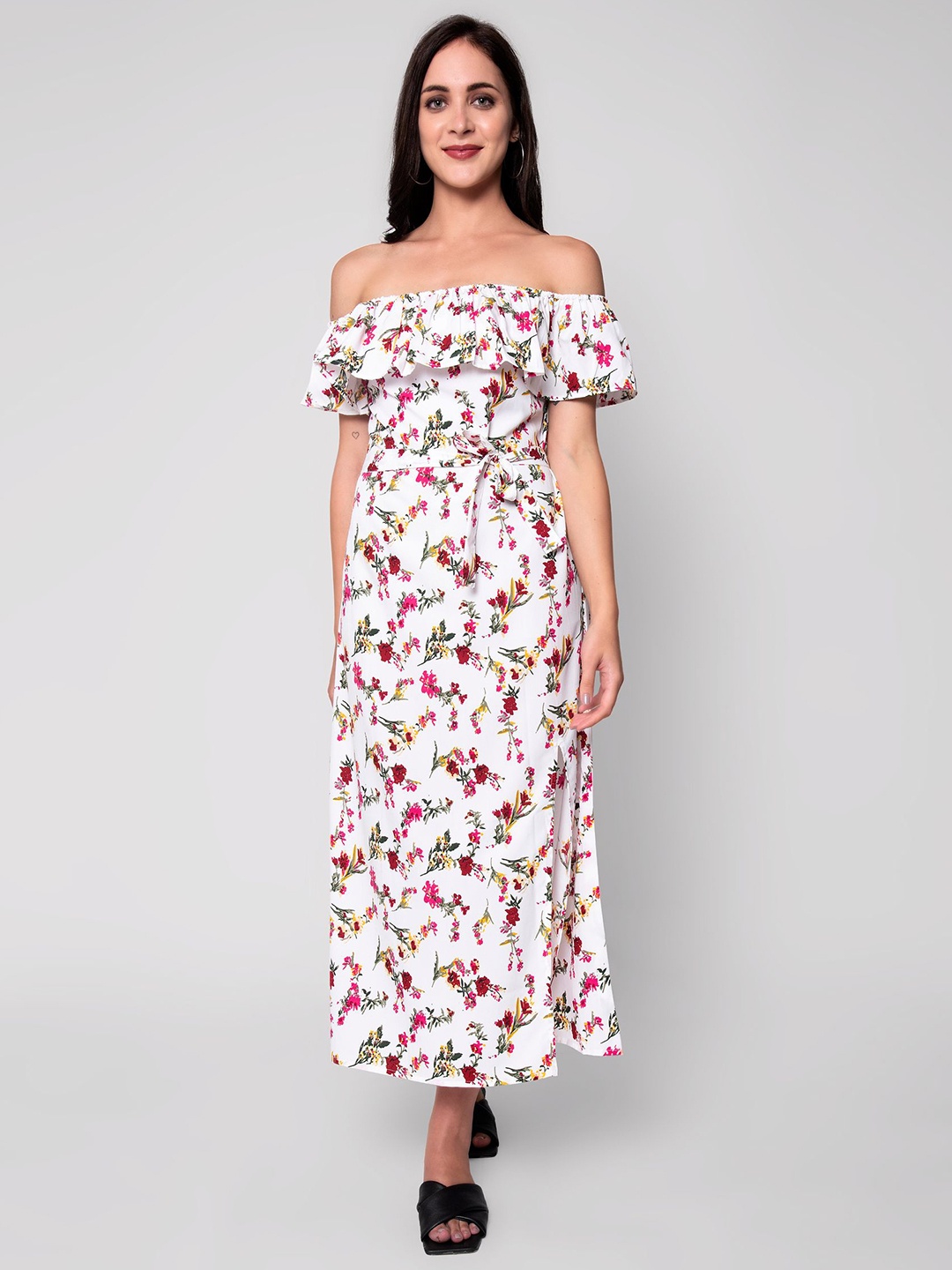 

God Bless White & magnolia Floral Off-Shoulder Crepe Maxi Dress