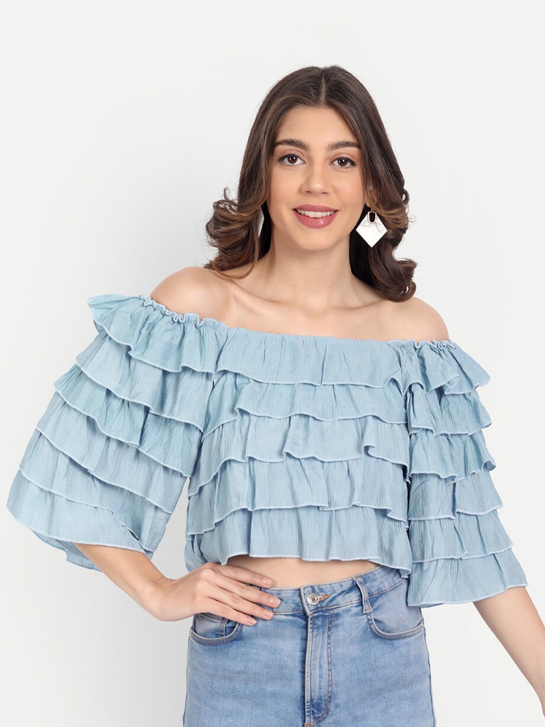 

iki chic Blue & columbia blue Print Off-Shoulder Ruffles Bardot Top