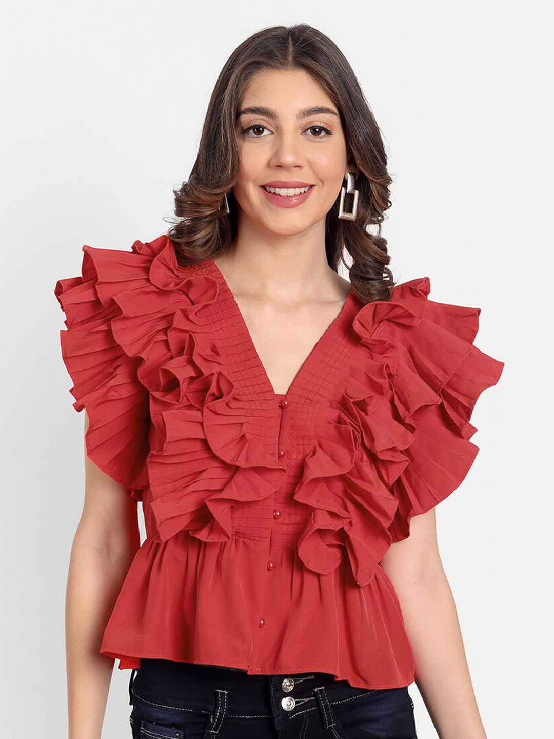 

iki chic Red & aurora red Ruffles Top