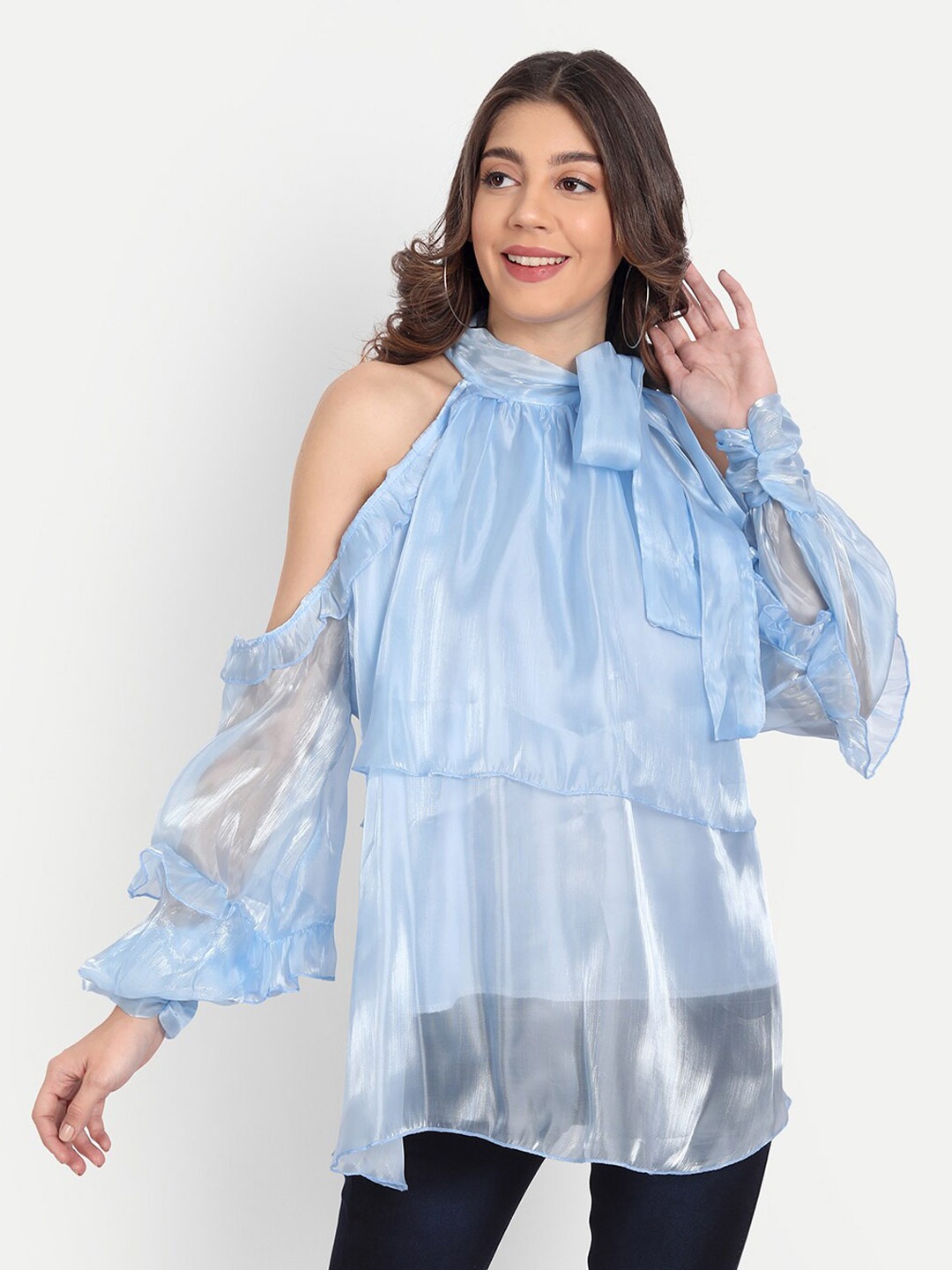 

iki chic Blue & plein air Print Ruffles Top