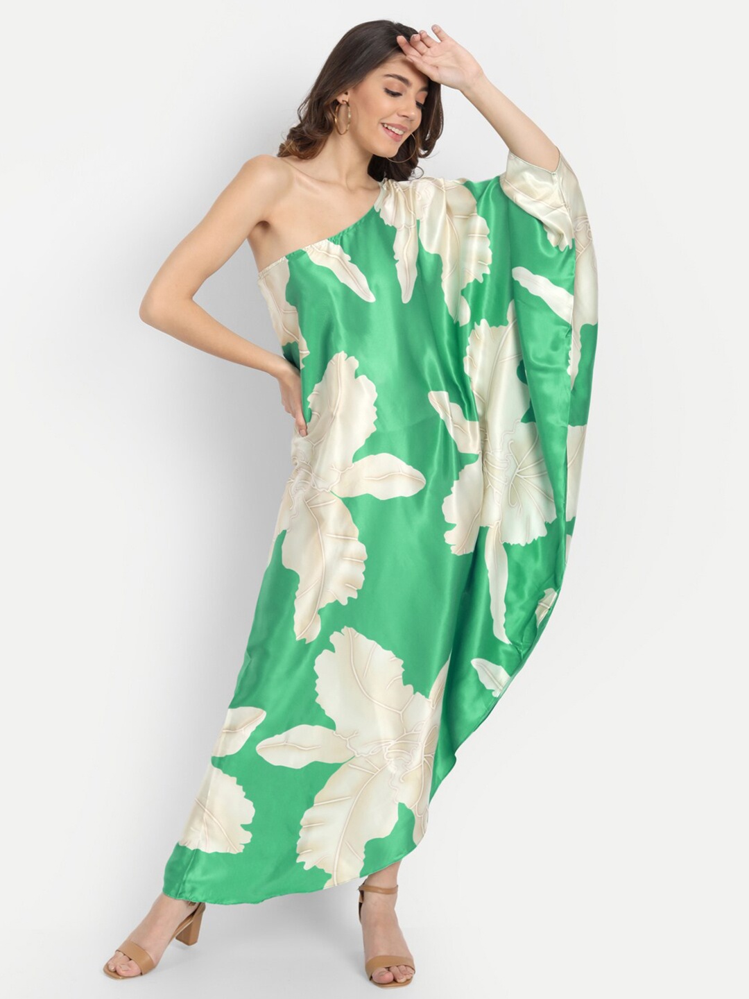 

iki chic Green & icicle Floral Off-Shoulder Satin Kaftan Maxi Dress