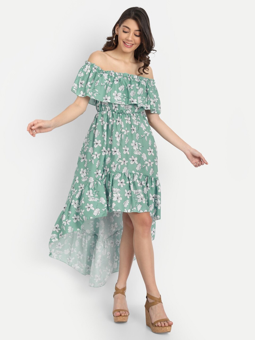 

iki chic Green & gray lilac Floral Off-Shoulder Dress