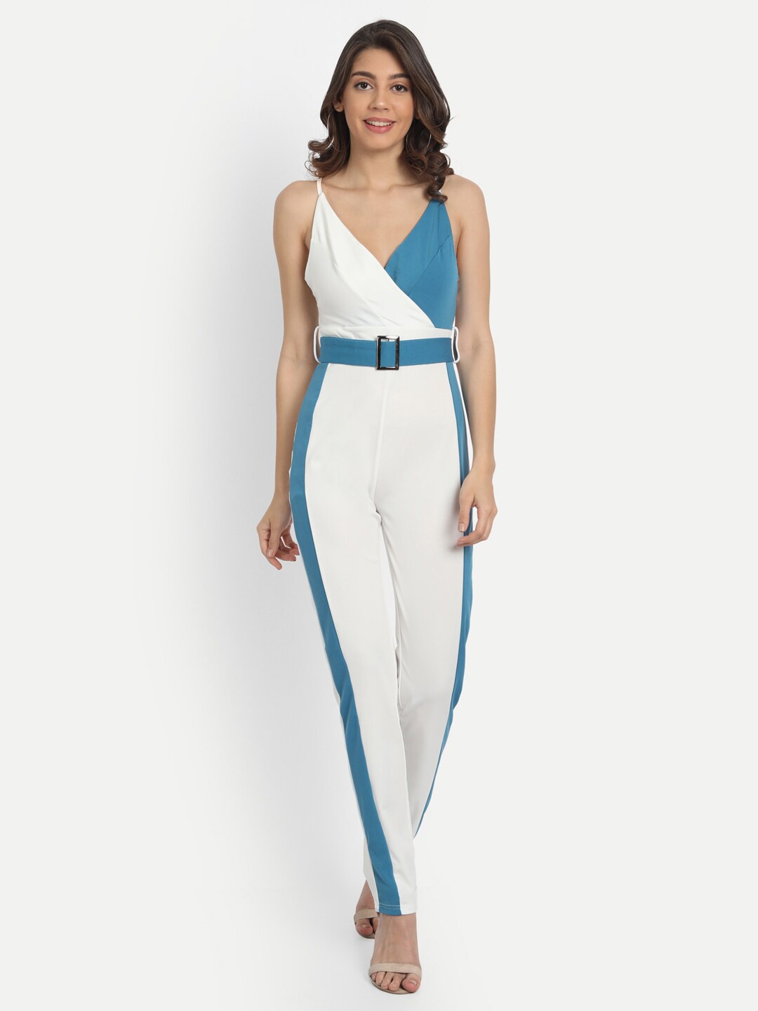 

iki chic White & Blue Colourblocked Basic Jumpsuit