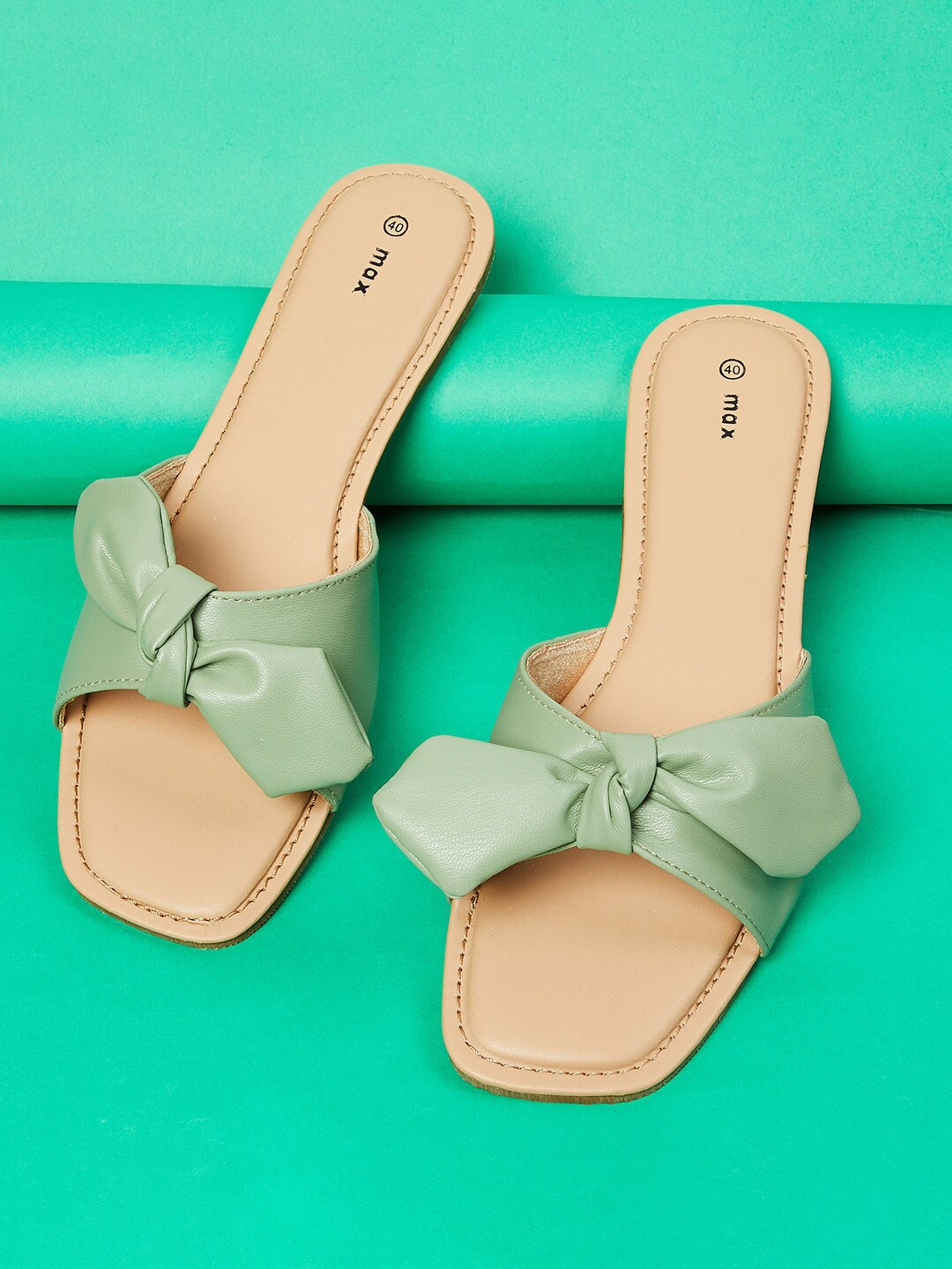

max Women Green & Beige PU Open Toe Flats with Knot Detail