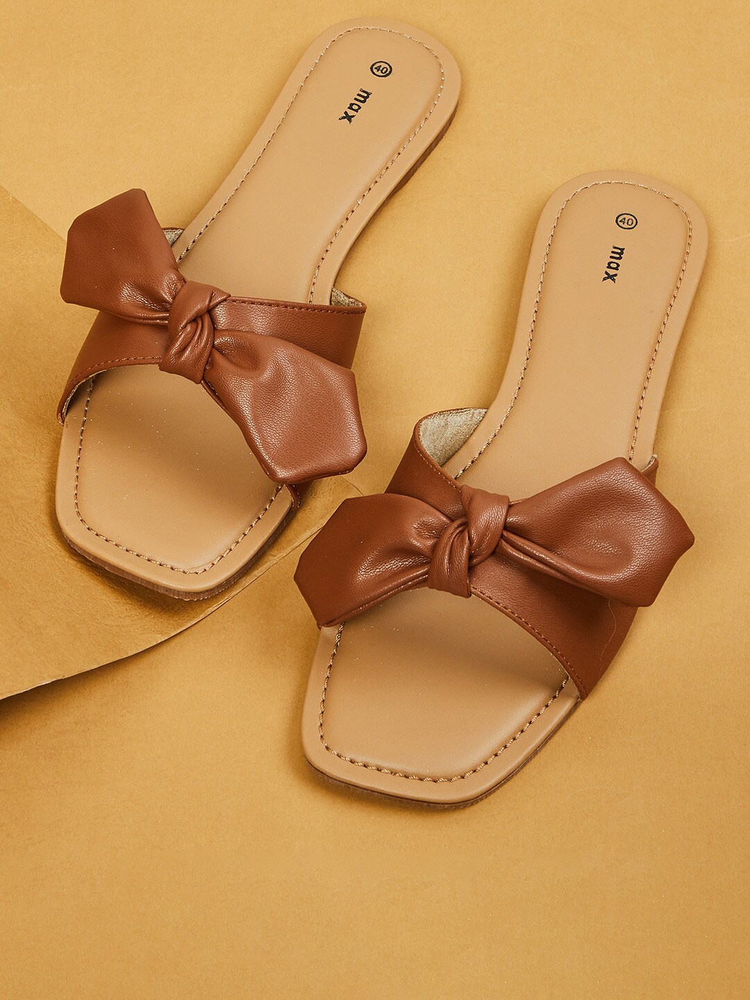 

max Women Tan Textured Party Open Toe Flats with Bows