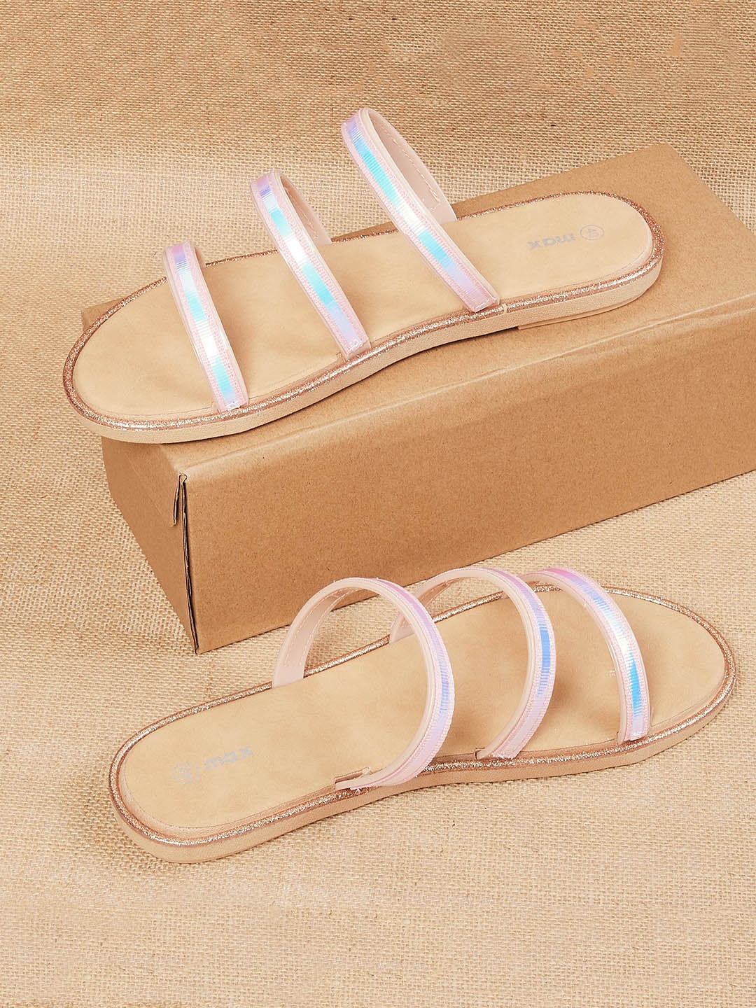 

max Women Beige Embellished Open Toe Flats