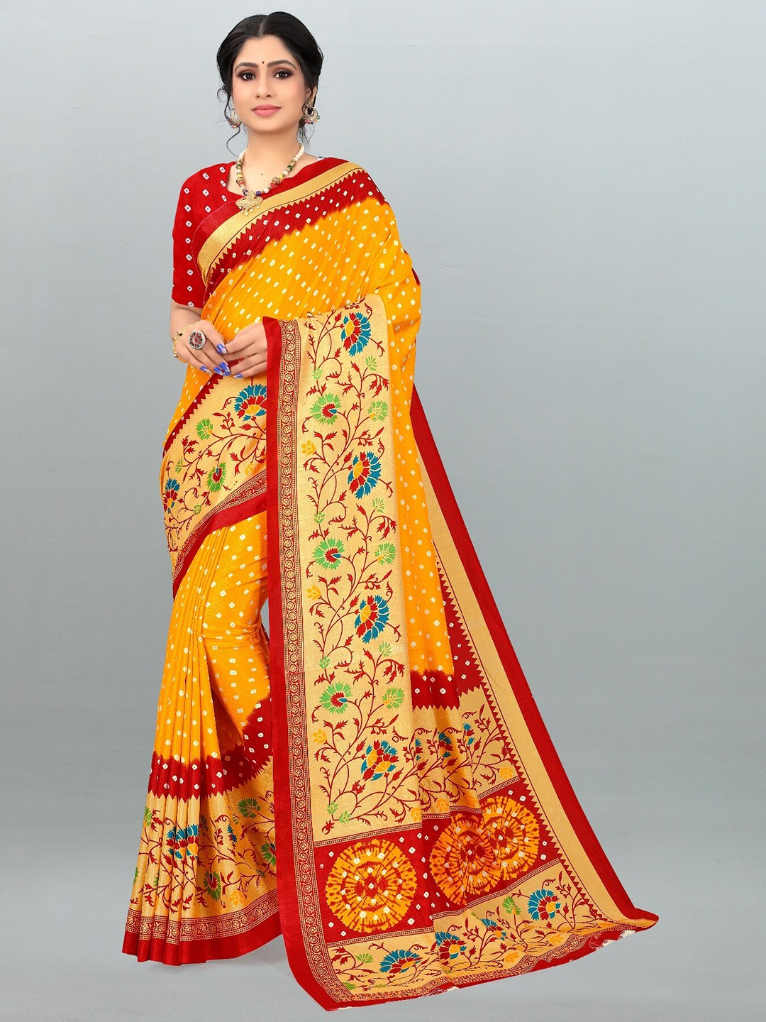 

LAHEJA Yellow & Red Floral Zari Silk Blend Saree