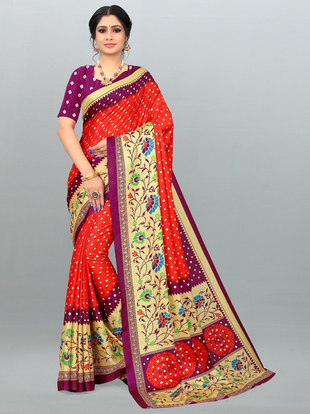 

LAHEJA Red & Purple Bandhani Zari Silk Blend Saree