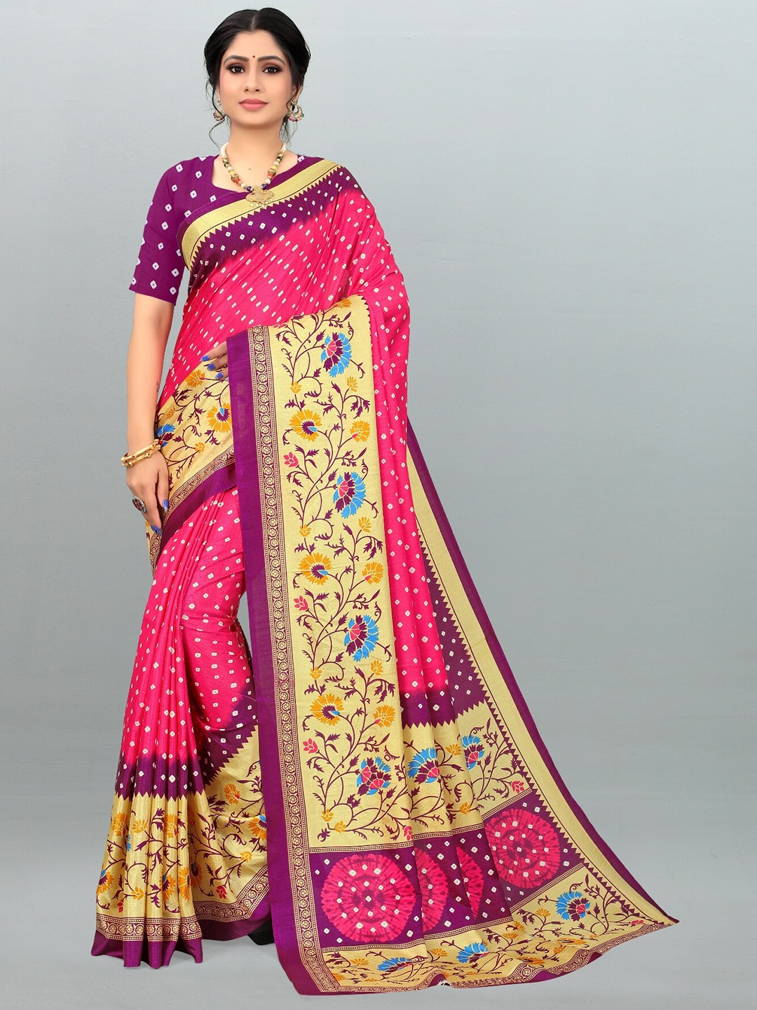 

LAHEJA Pink & Purple Bandhani Zari Silk Blend Heavy Work Saree