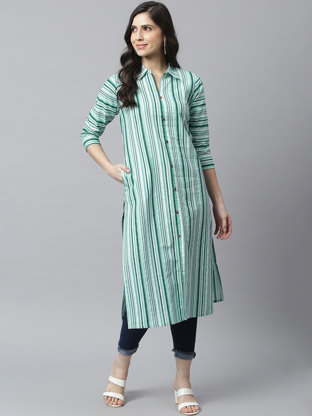 

METRO-FASHION Women Green Striped Thread Work Pastels Pathani Kurta