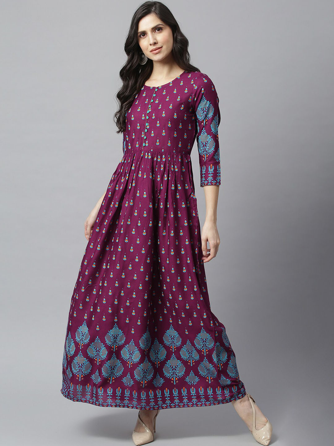 

METRO-FASHION Women Purple Ethnic Motifs Printed Keyhole Neck Mirror Work Floral Anarkali Kurta