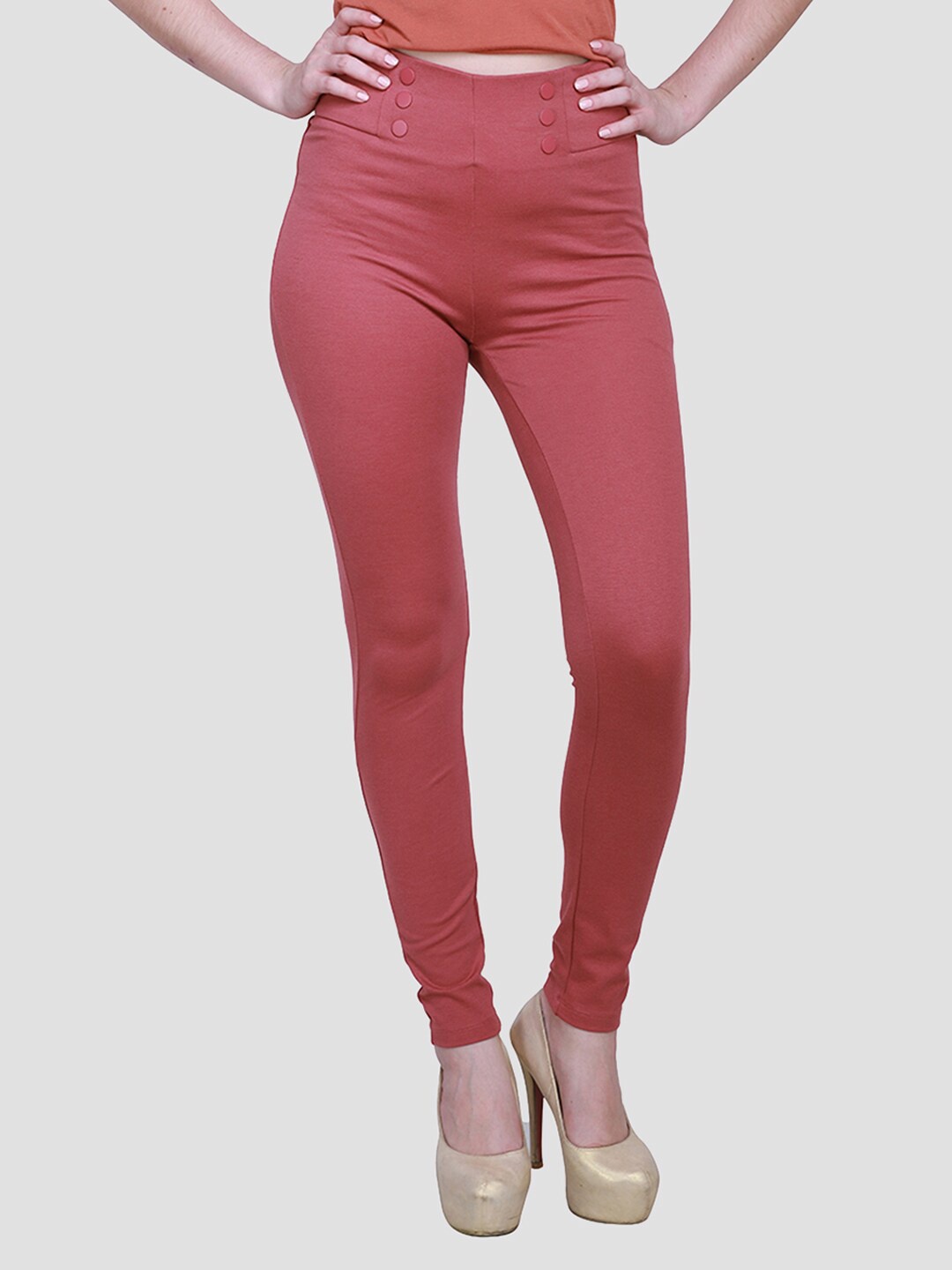 

Madame Women Pink Solid Cotton Slim-Fit Treggings