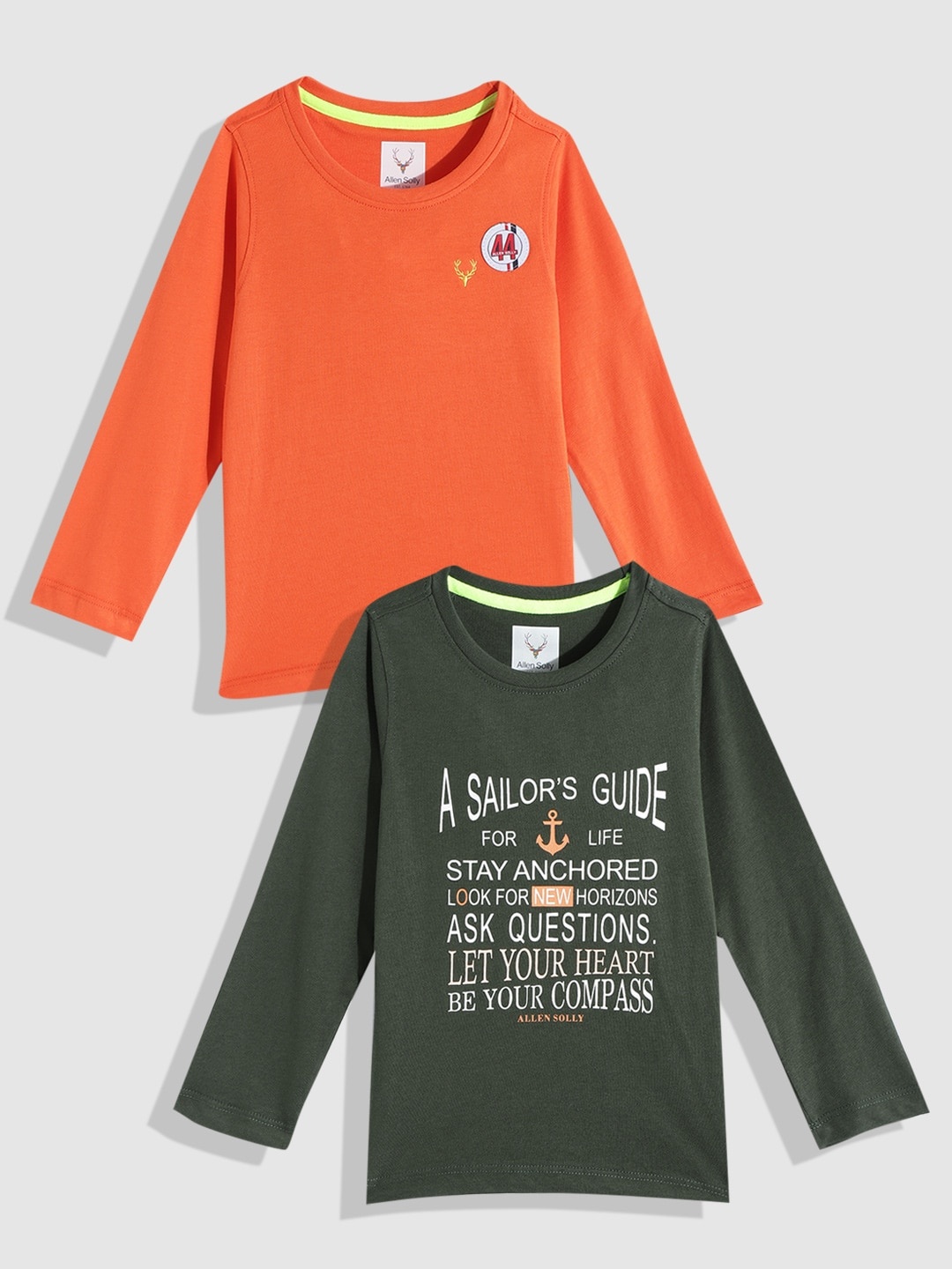 

Allen Solly Junior Boys Green & Orange Typography 2 Printed Pure Cotton Applique T-shirt