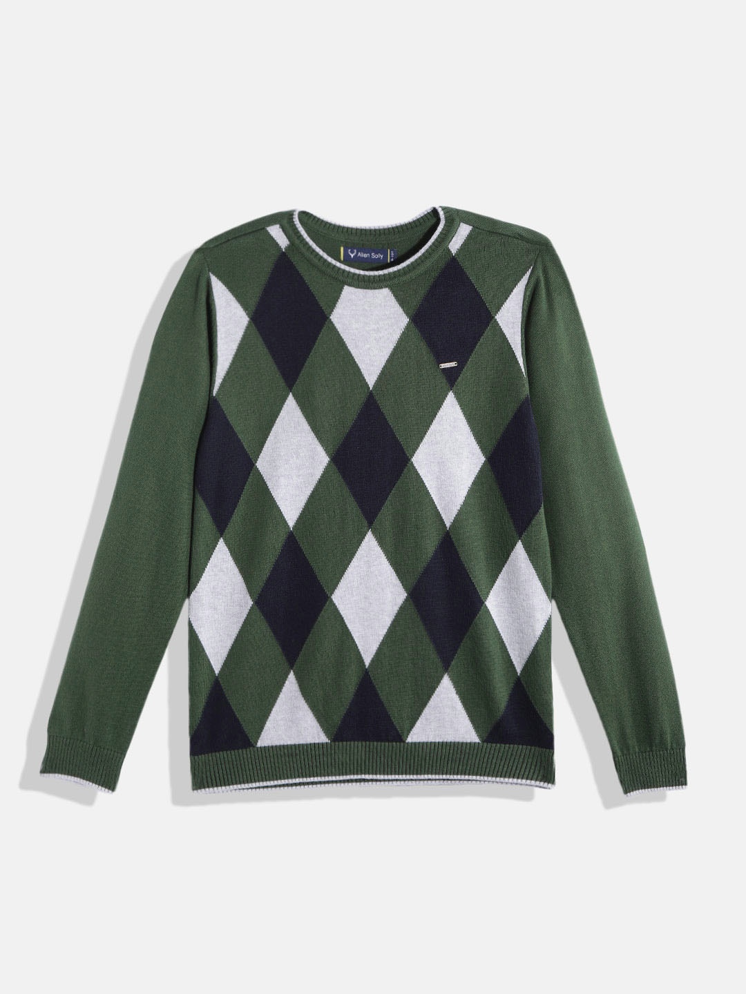 

Allen Solly Junior Boys Olive Green & Navy Blue Pure Cotton Argyle Self-Design Pullover