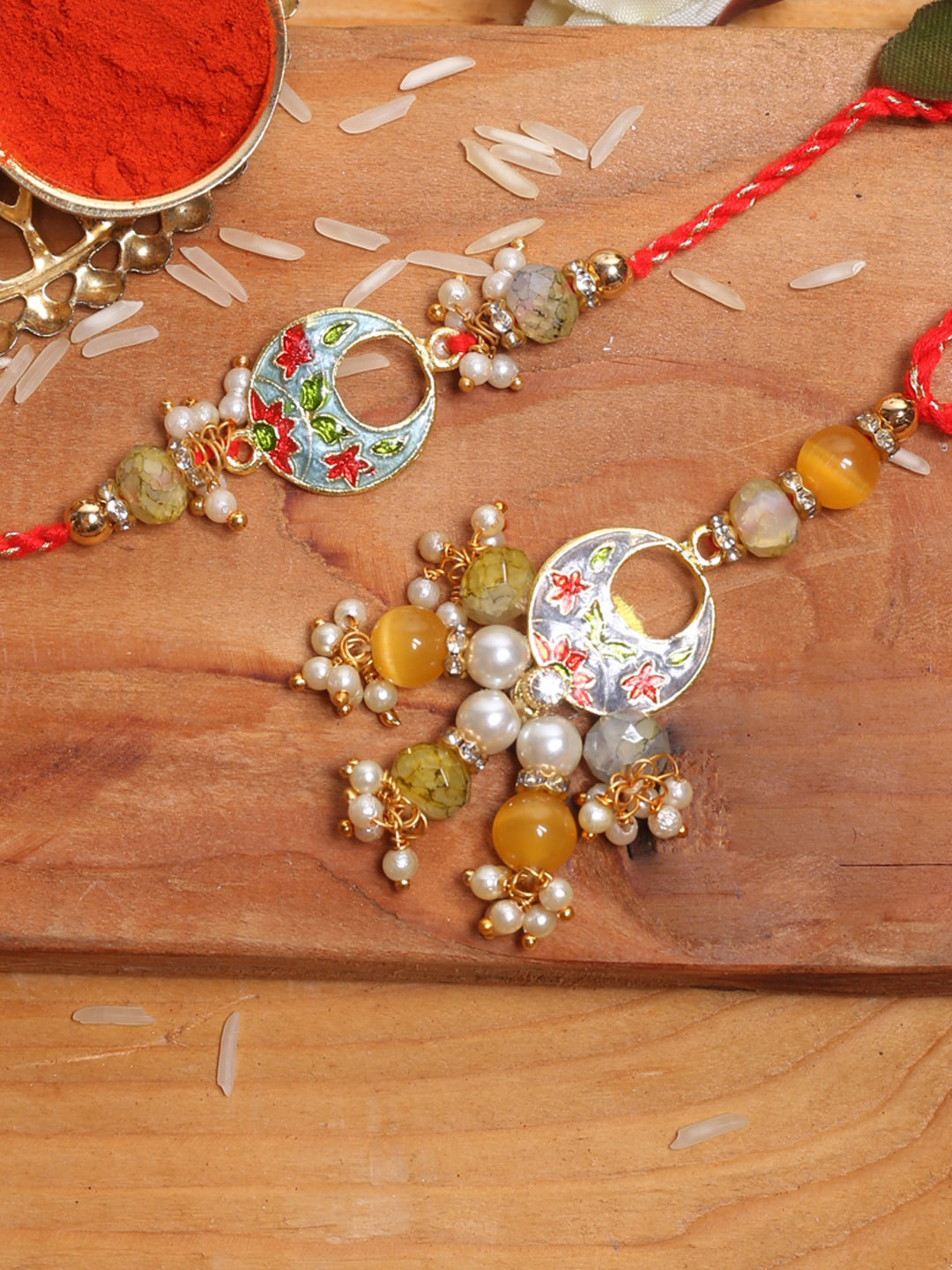 

Aapno Rajasthan Set of 2 Floral Embellished Bhaiya Bhabhi Rakhi, Multi