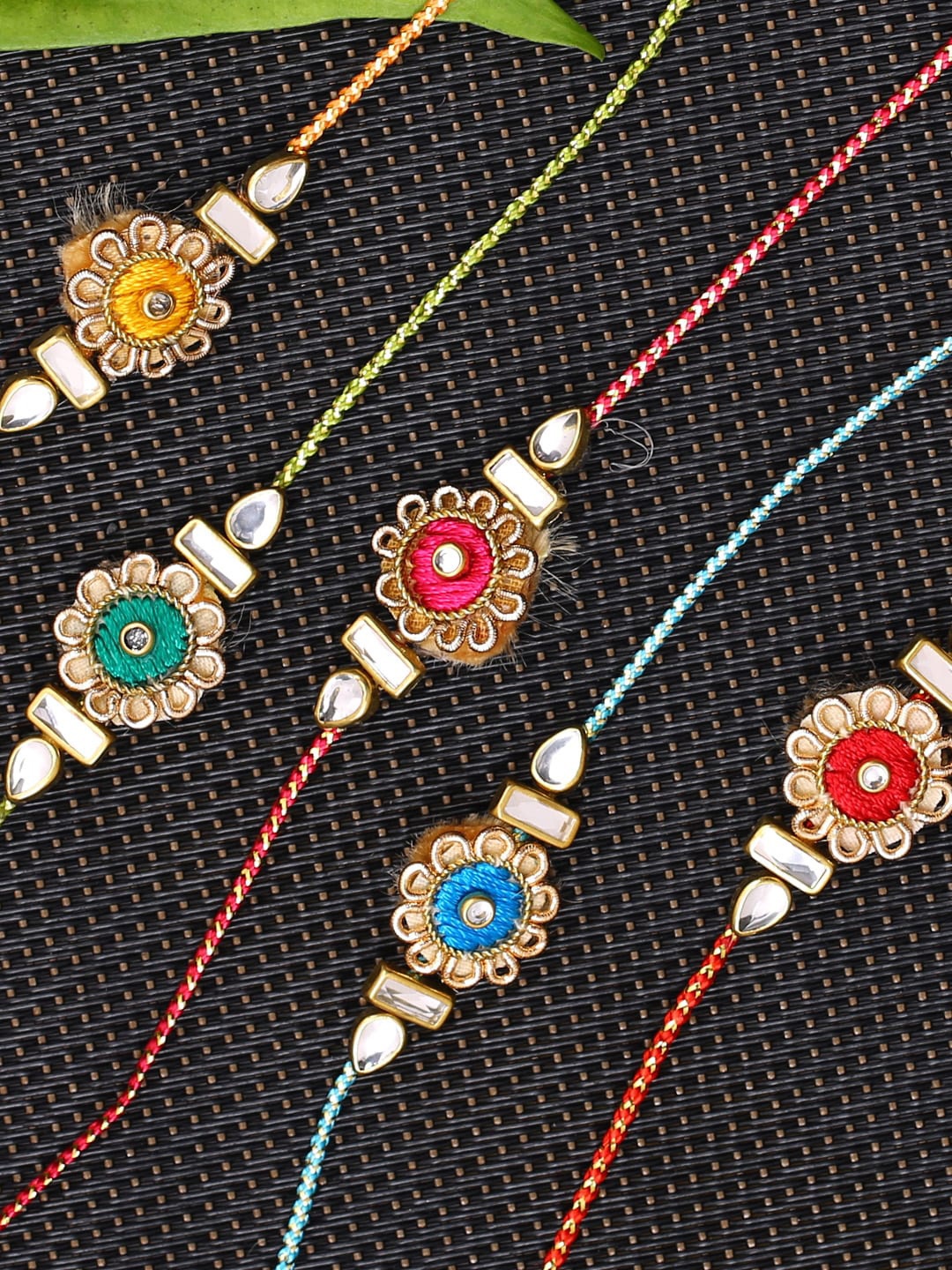 

Aapno Rajasthan Set of 5 Mauli Rakhi with Kundan Meena Work with Roli Chawal, Multi