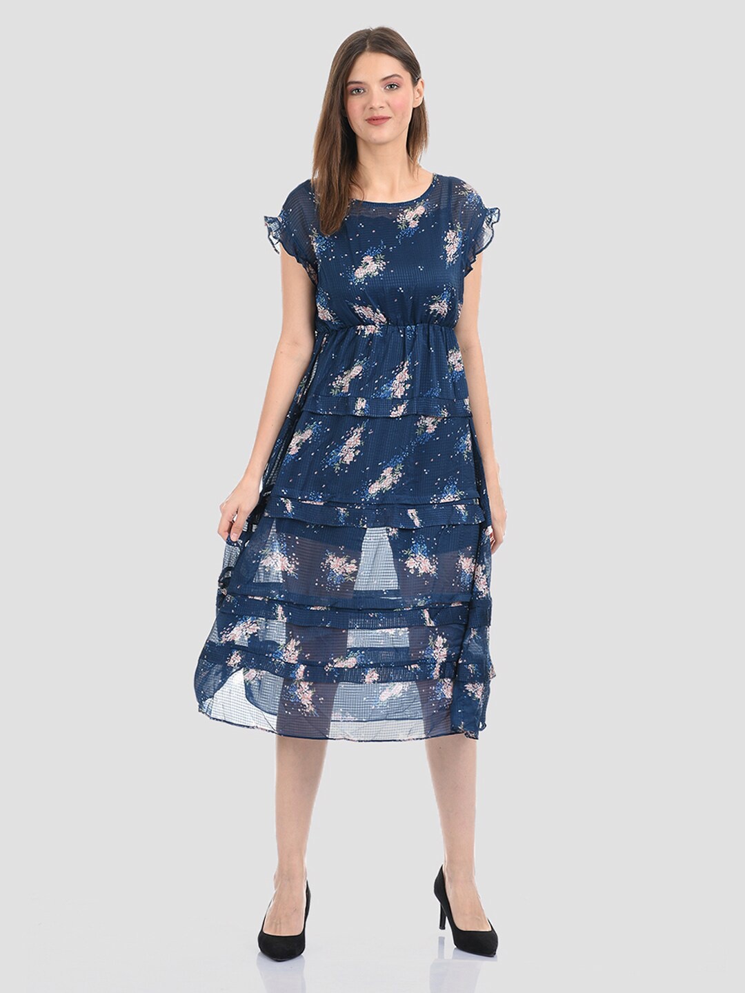 

Madame Navy Blue Floral Georgette Midi Dress