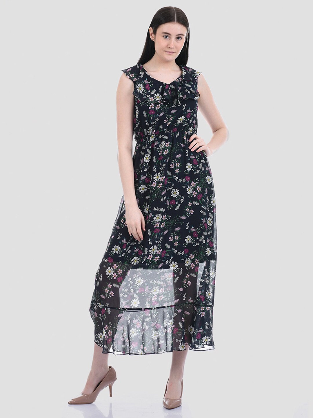 

Madame Navy Blue Floral Georgette Midi Dress