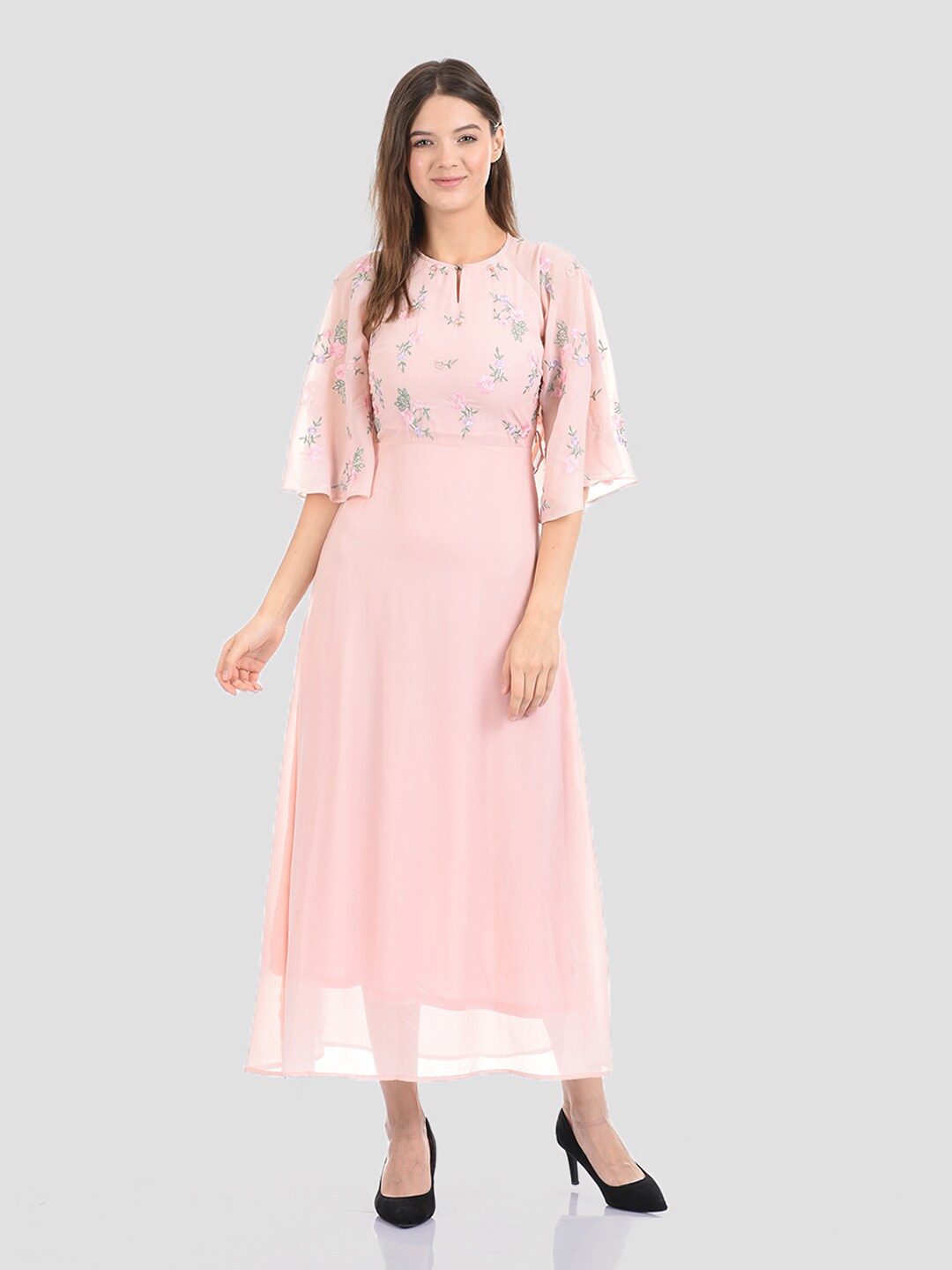 

Madame Peach-Coloured & pink dogwood Floral Georgette Maxi Dress