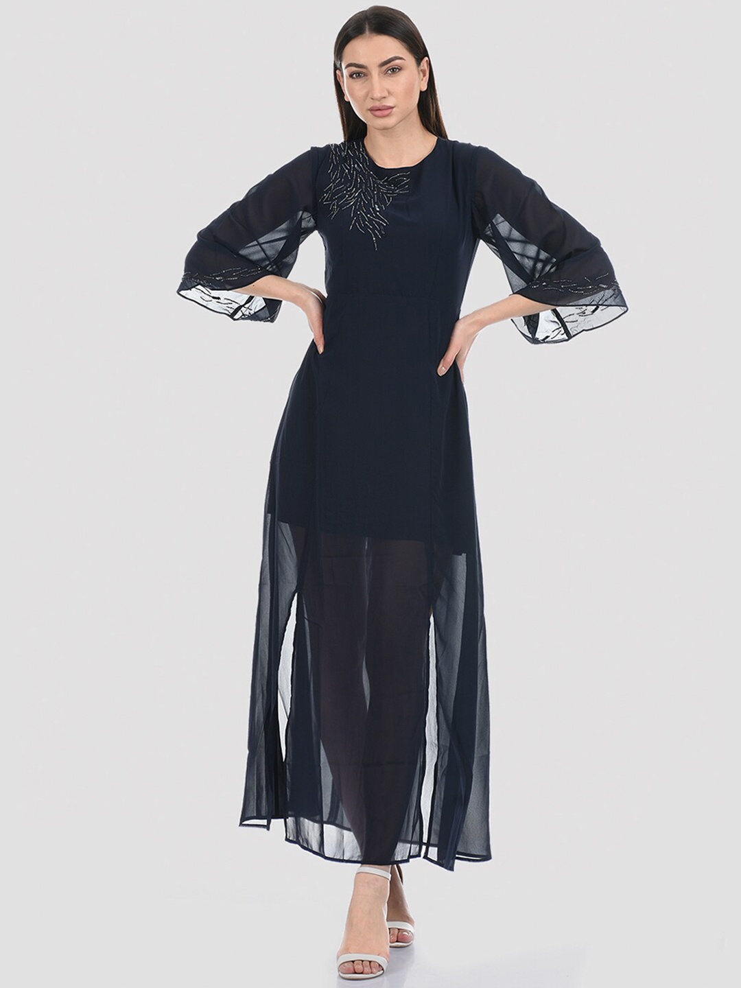 

Madame Navy Blue Embellished Georgette Maxi Dress