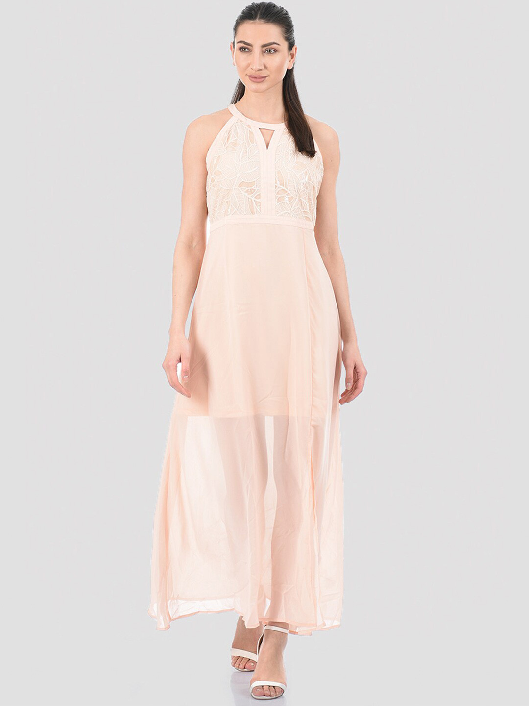 

Madame Peach-Coloured Keyhole Neck Maxi Dress