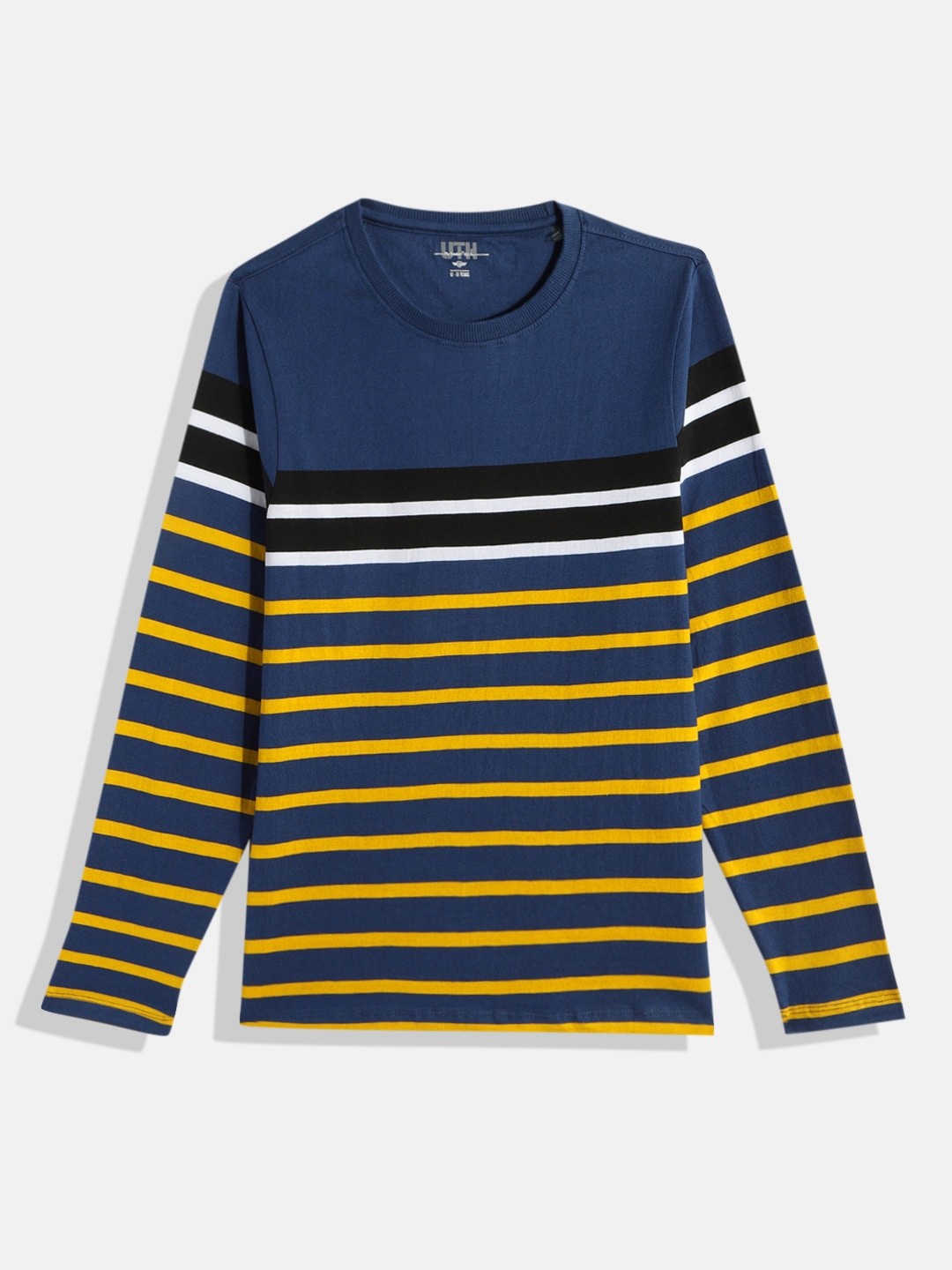 

UTH by Roadster Boys Navy Blue & Yellow Striped Pure Cotton T-shirt