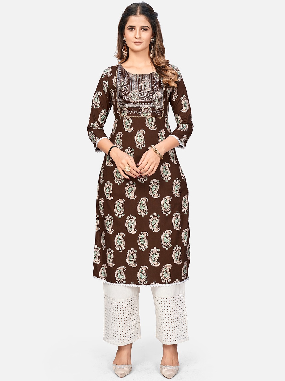 

Vbuyz Women Brown Ethnic Motifs Printed Cold-Shoulder Sleeves Thread Work Kurta