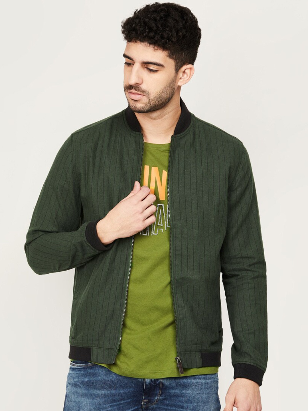 

Fame Forever by Lifestyle Men Olive Green Lightweight Crop Bomber with Patchwork Jacket