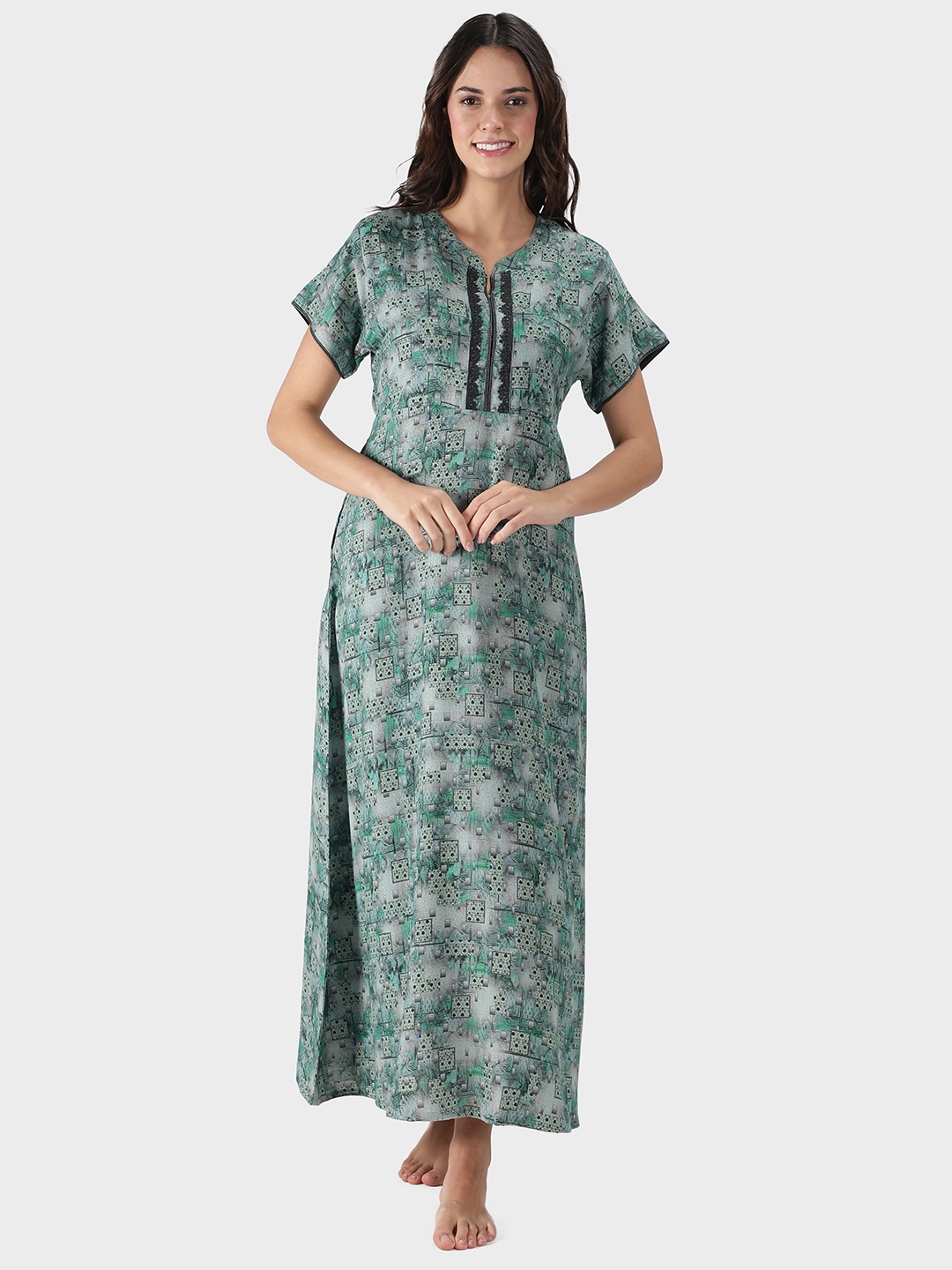 

NIGHTSPREE Green Printed Maxi Nightdress