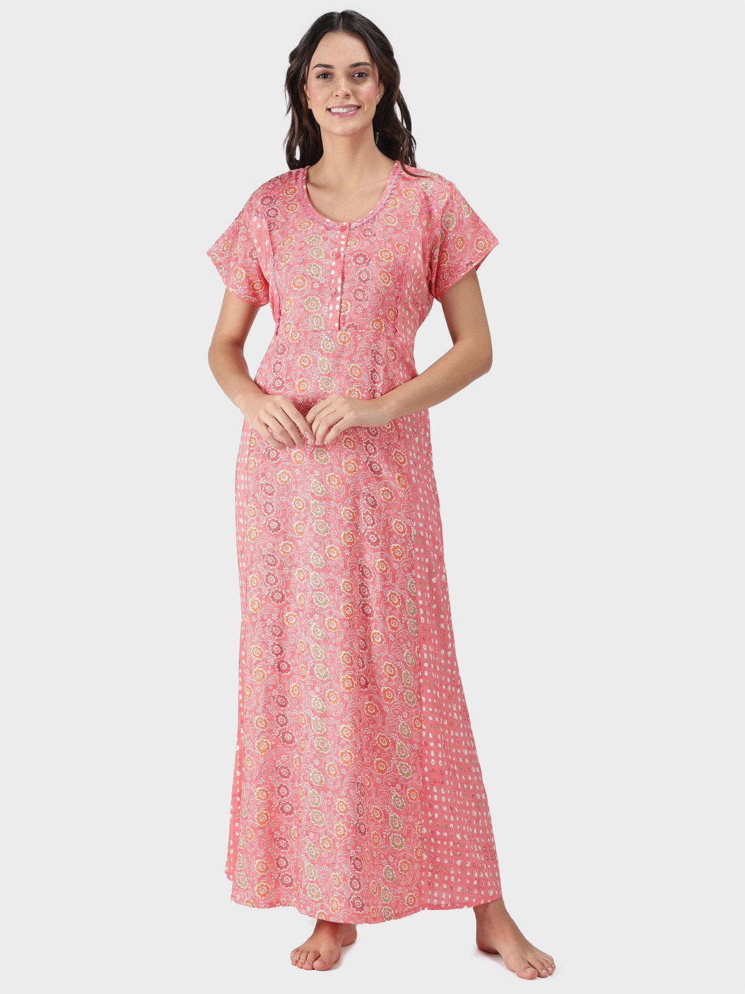 

NIGHTSPREE Peach-Coloured Printed Maxi Nightdress