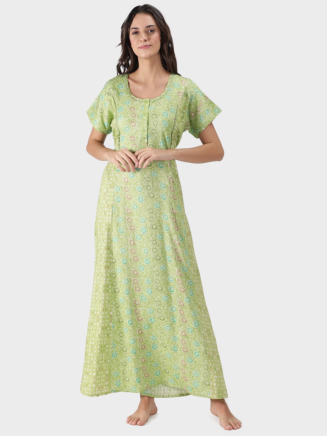 

NIGHTSPREE Green Printed Maxi Nightdress