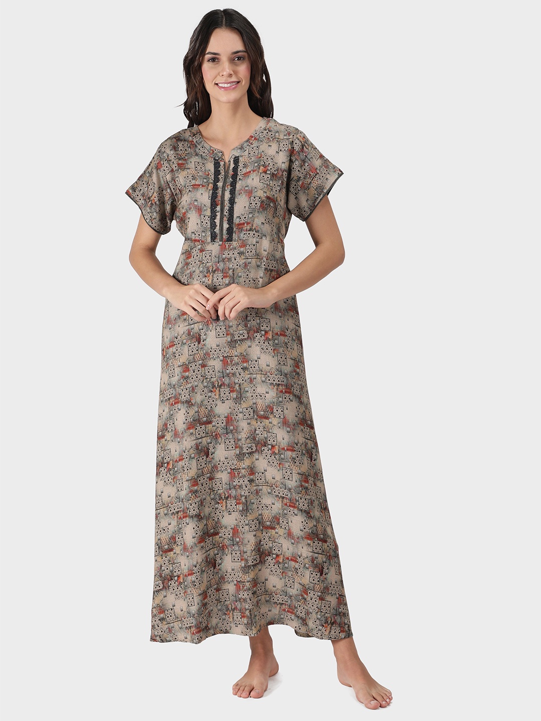 

NIGHTSPREE Peach-Coloured Printed Maxi Nightdress