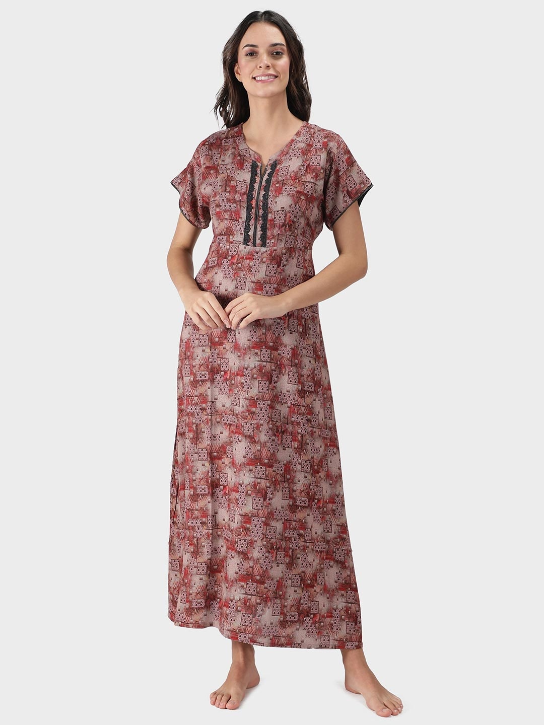 

NIGHTSPREE Red Printed Maxi Nightdress