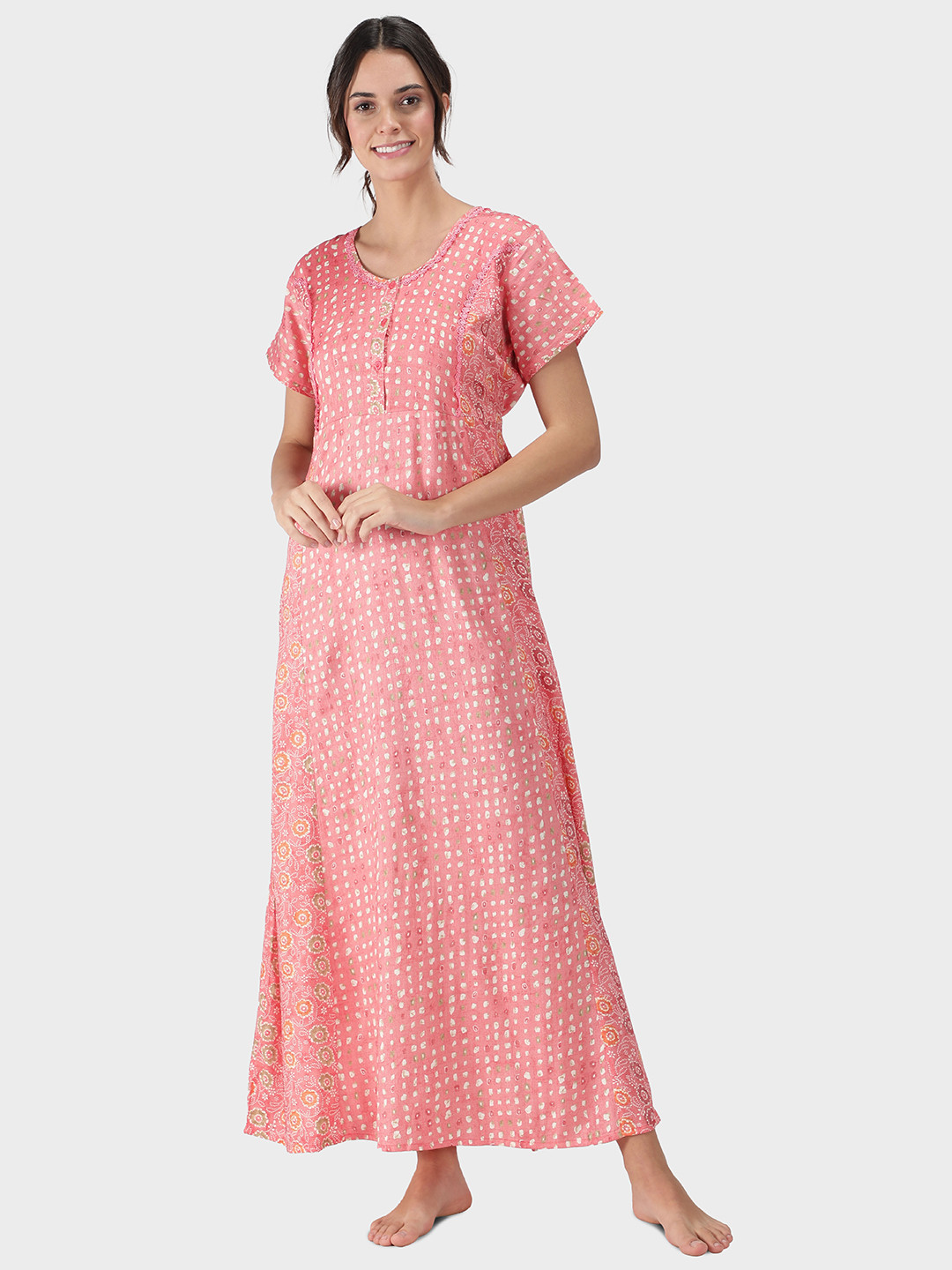 

NIGHTSPREE Peach-Coloured Printed Maxi Nightdress