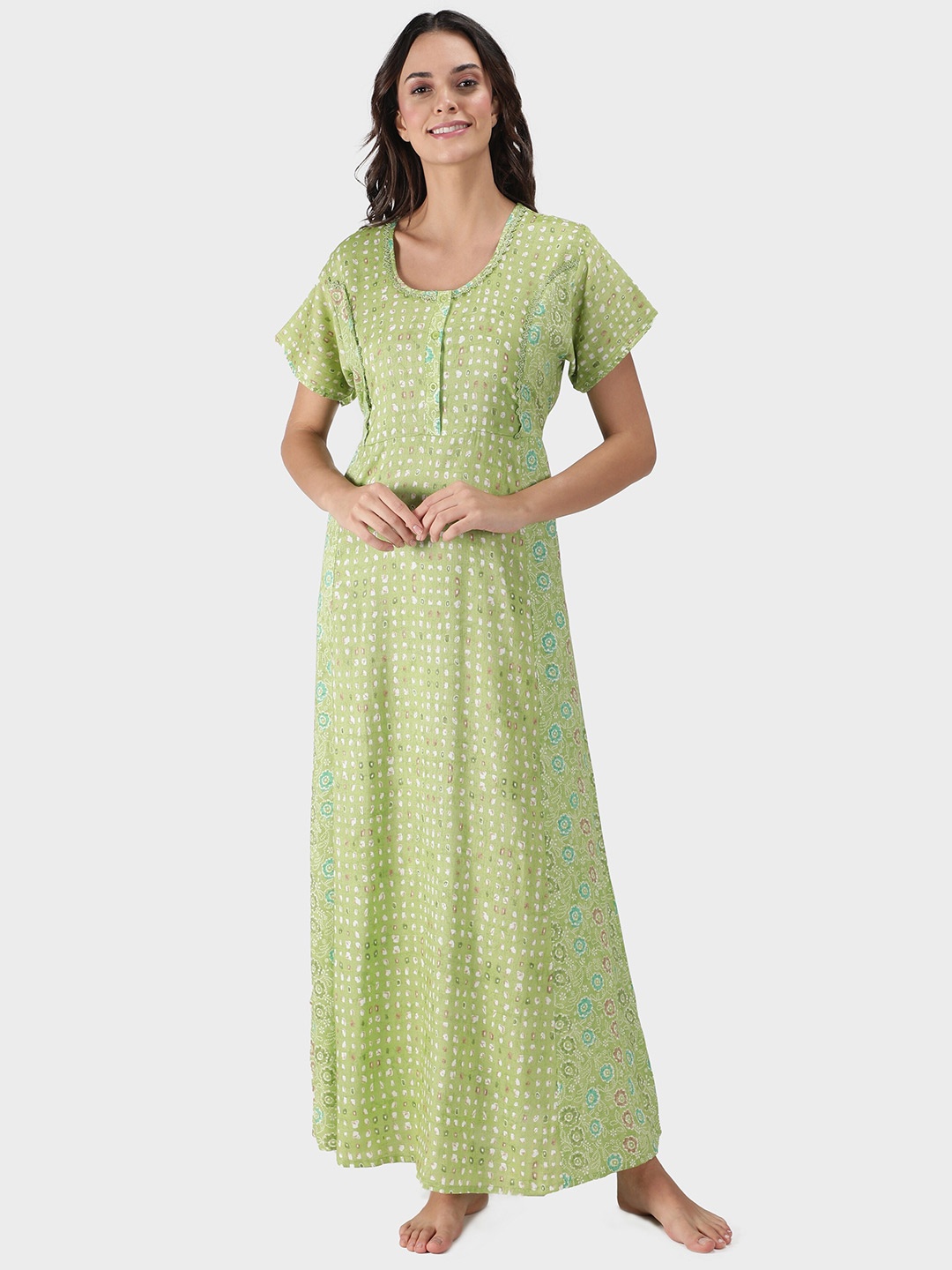 

NIGHTSPREE Green Printed Maxi Nightdress