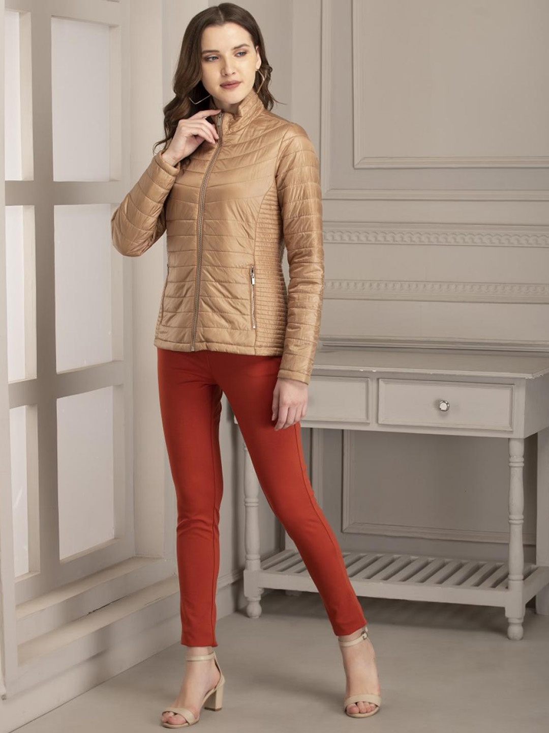 

Lakshita Women Gold-Toned brown Insulator Longline Outdoor Padded Jacket with Embroidered