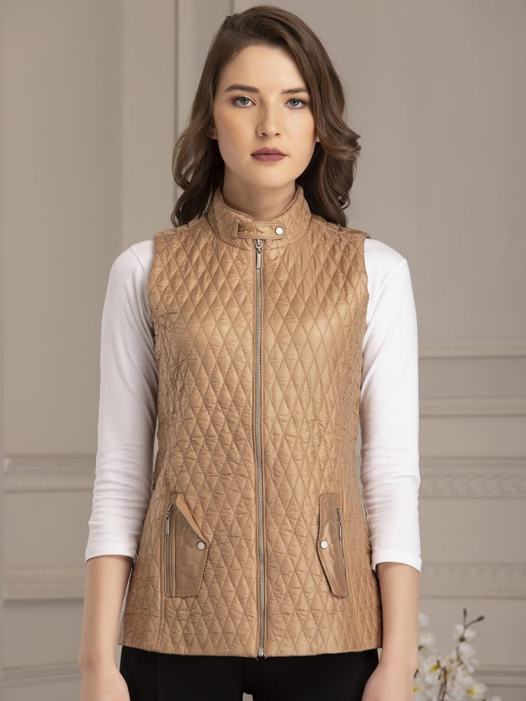 

Lakshita Women Gold-Toned Longline Outdoor Tailored Jacket with Patchwork